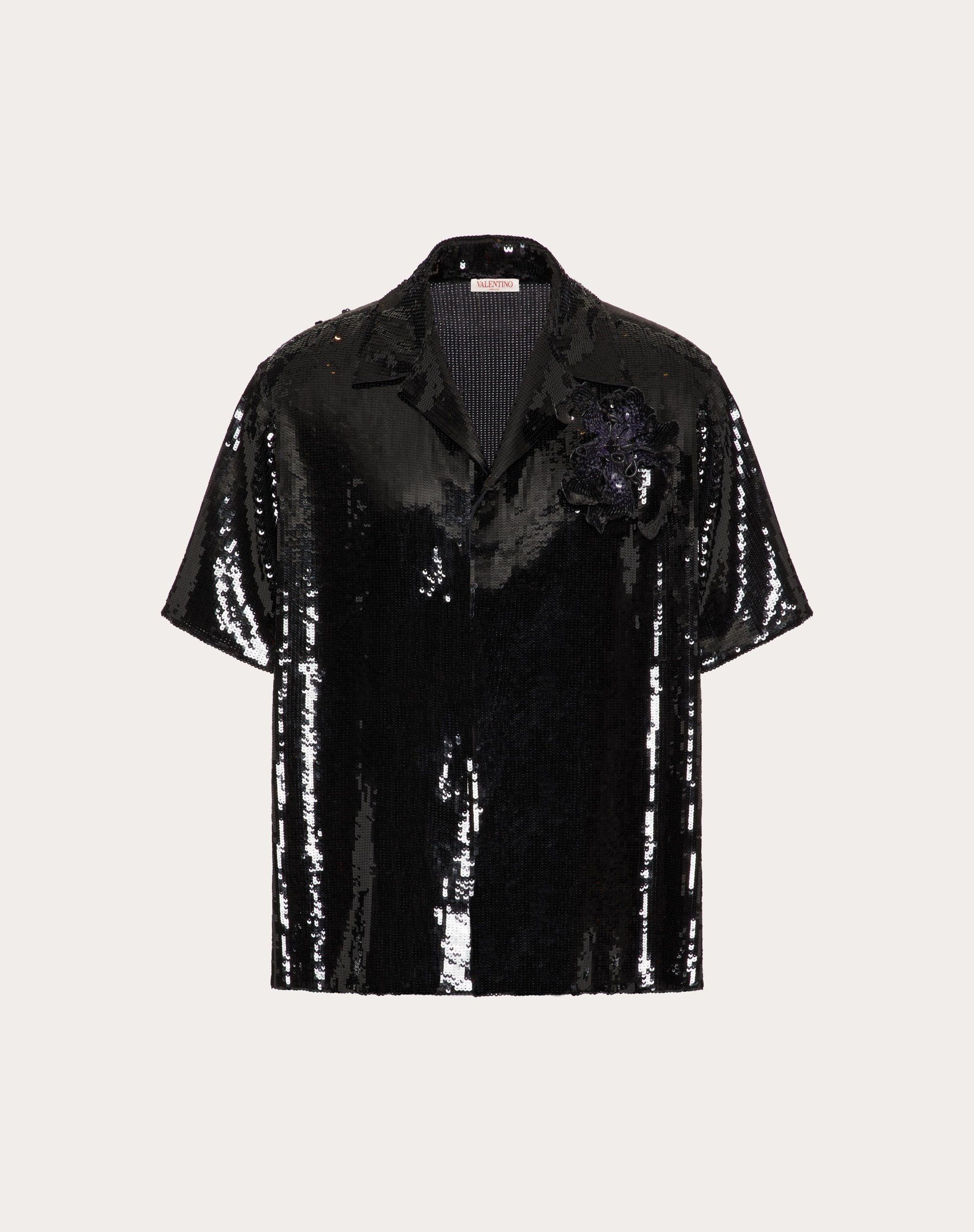 CHIFFON BOWLING SHIRT WITH ALL-OVER SEQUINS AND FLORAL EMBROIDERY - 1