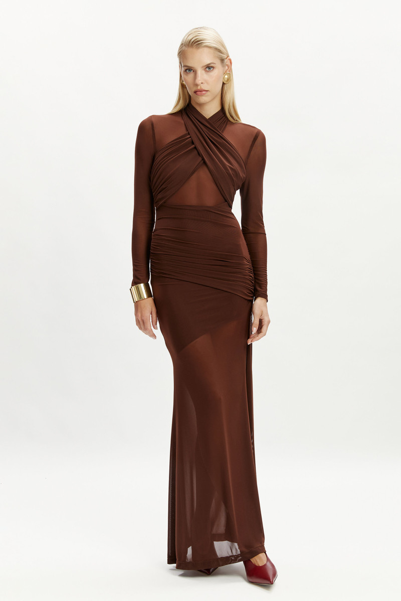 BARDOT Marice Wrap Mesh Maxi Dress In Chocolate outlook