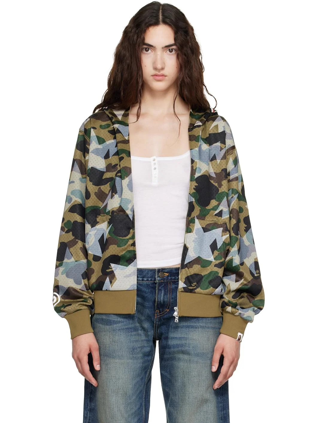 Green Camo Mesh Shark Cropped Fit Full Zip Hoodie - 1