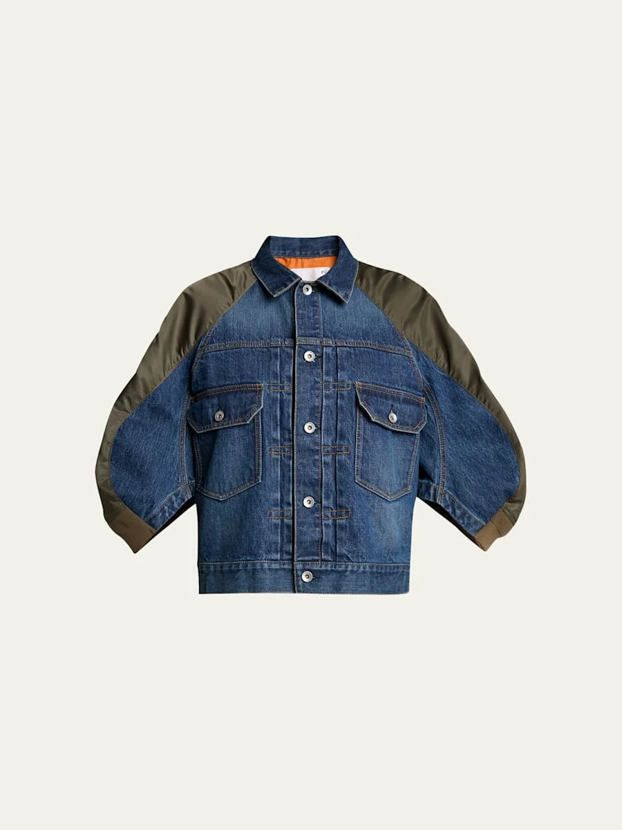 Mixed-Media Denim Bomber Jacket - 1