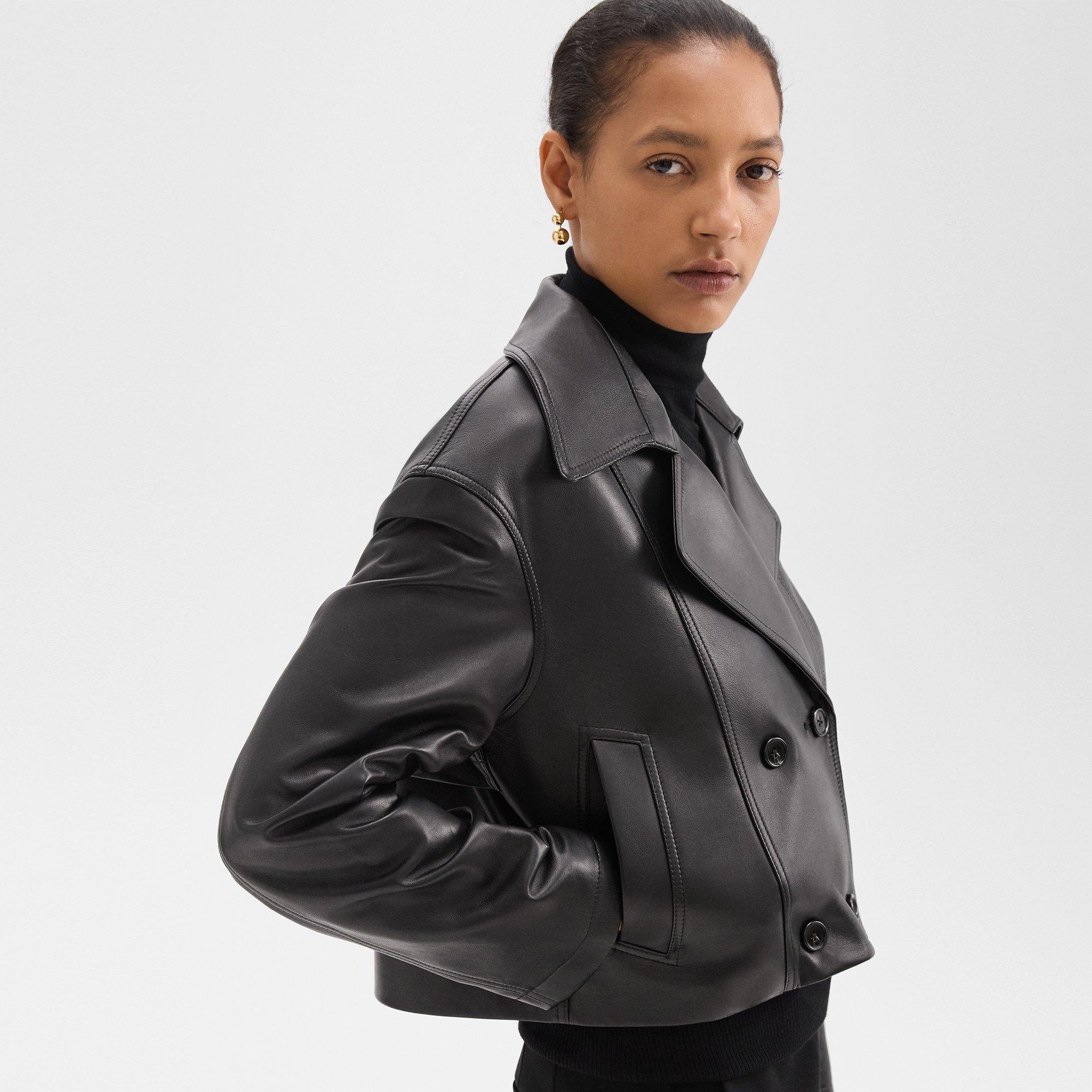 Double-Breasted Crop Trench in Leather - 5
