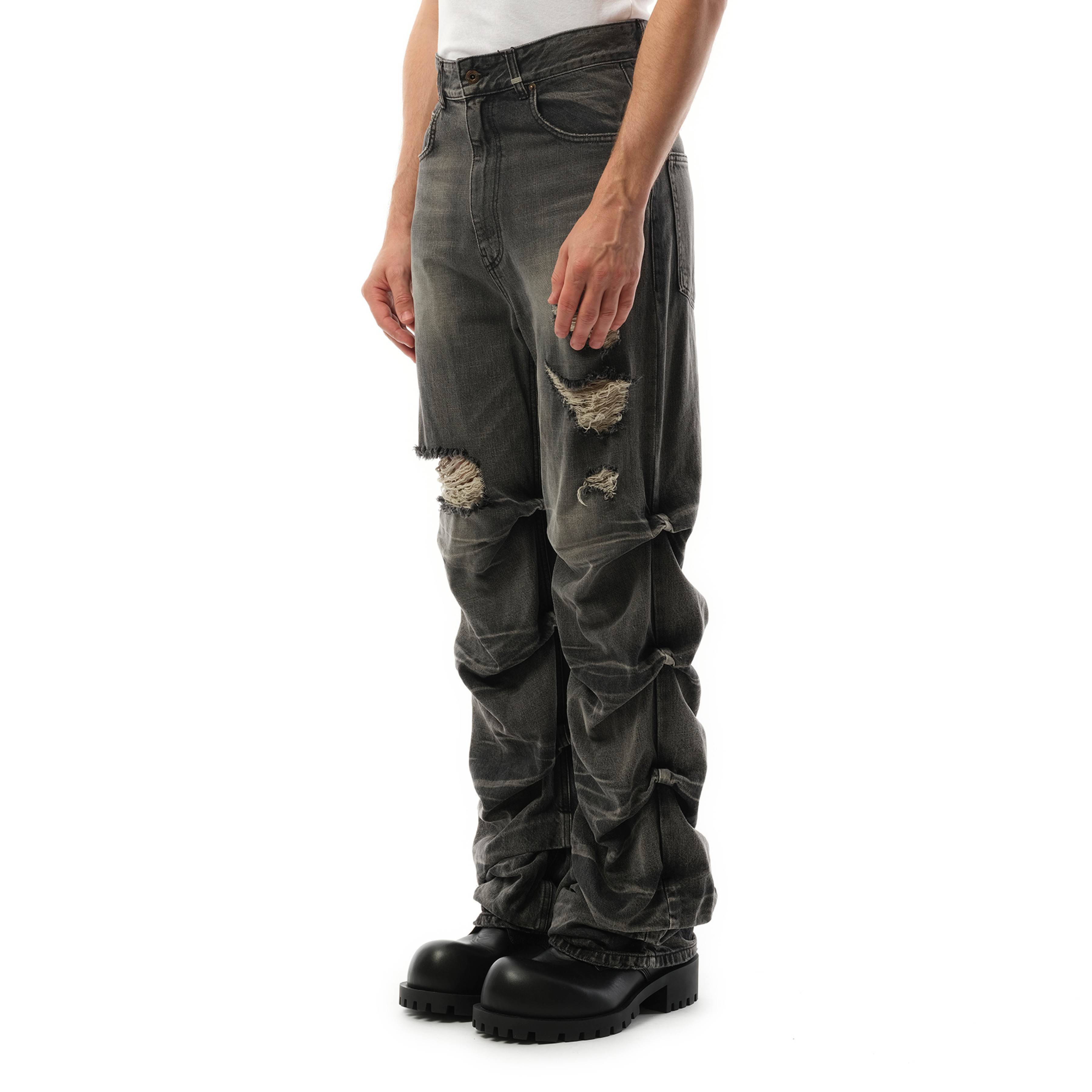 Wrinkled Straight Denim Trousers in Black - 5
