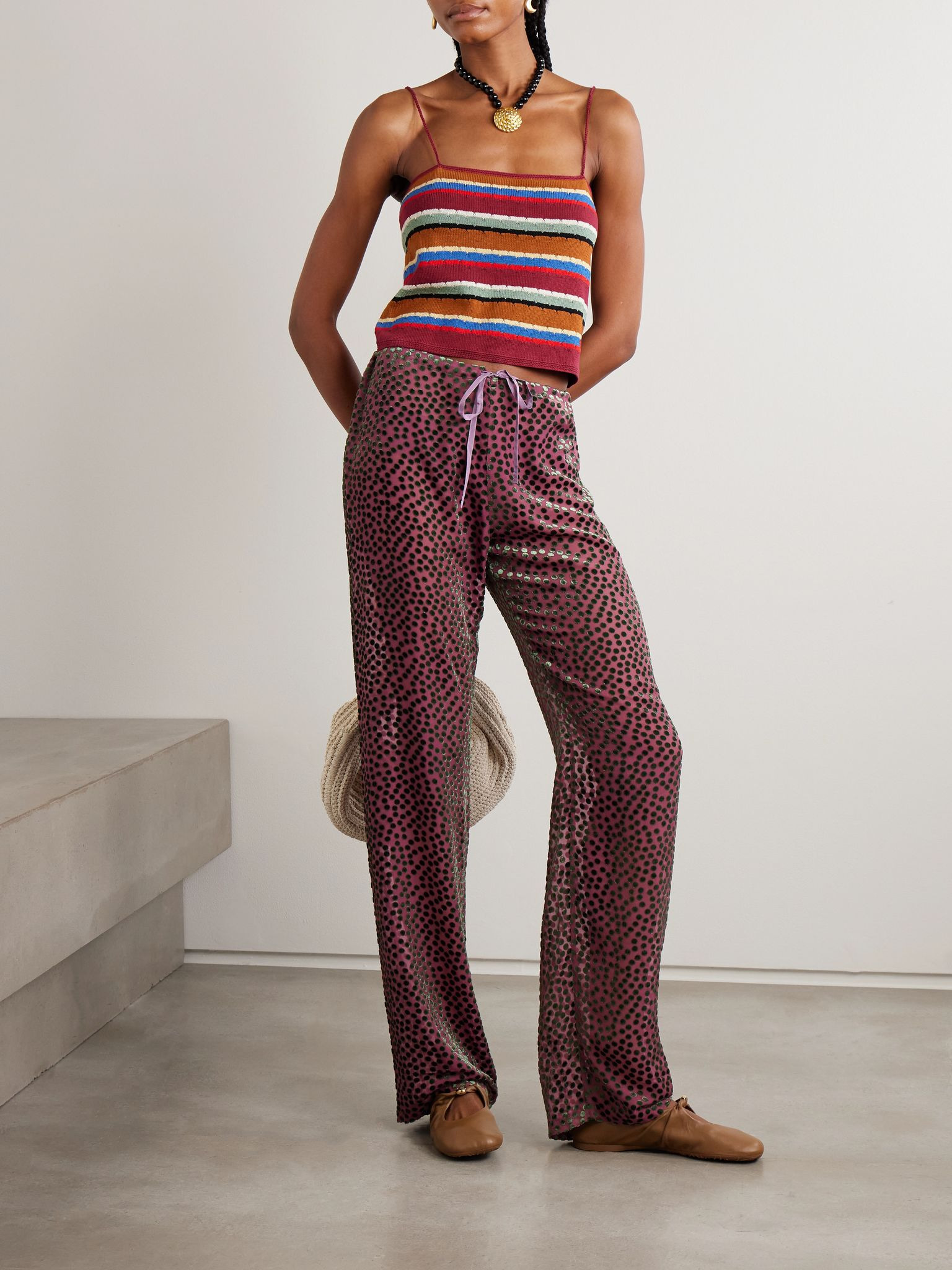 Starkey embroidered striped cotton camisole Brown - 2