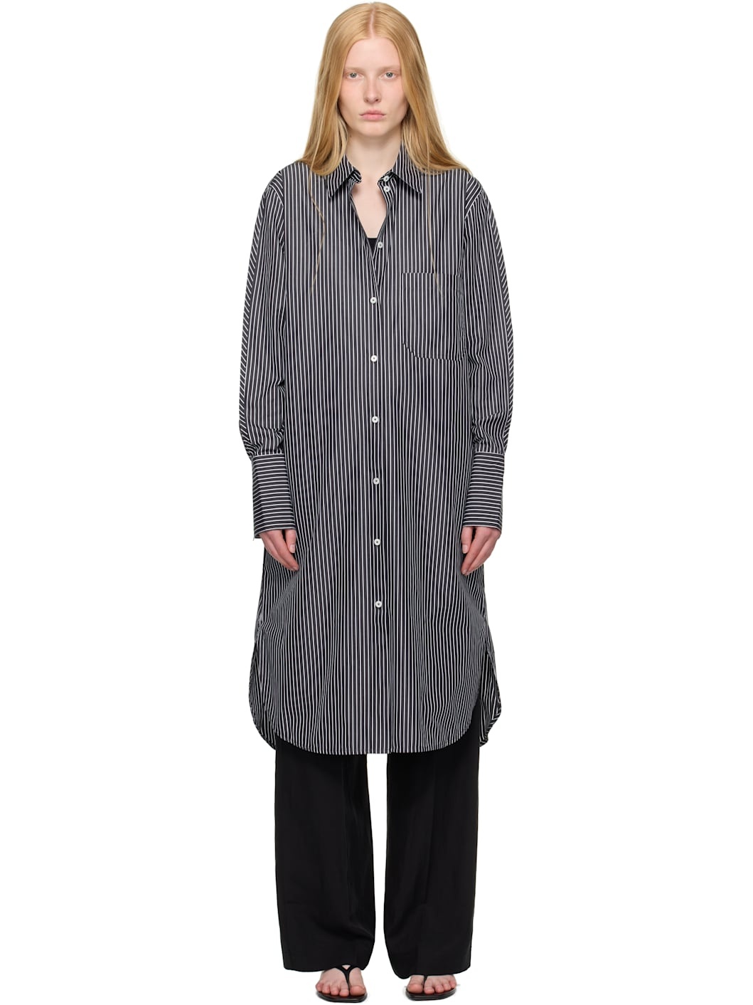Black & Whte Striped Shirt Midi Dress - 1