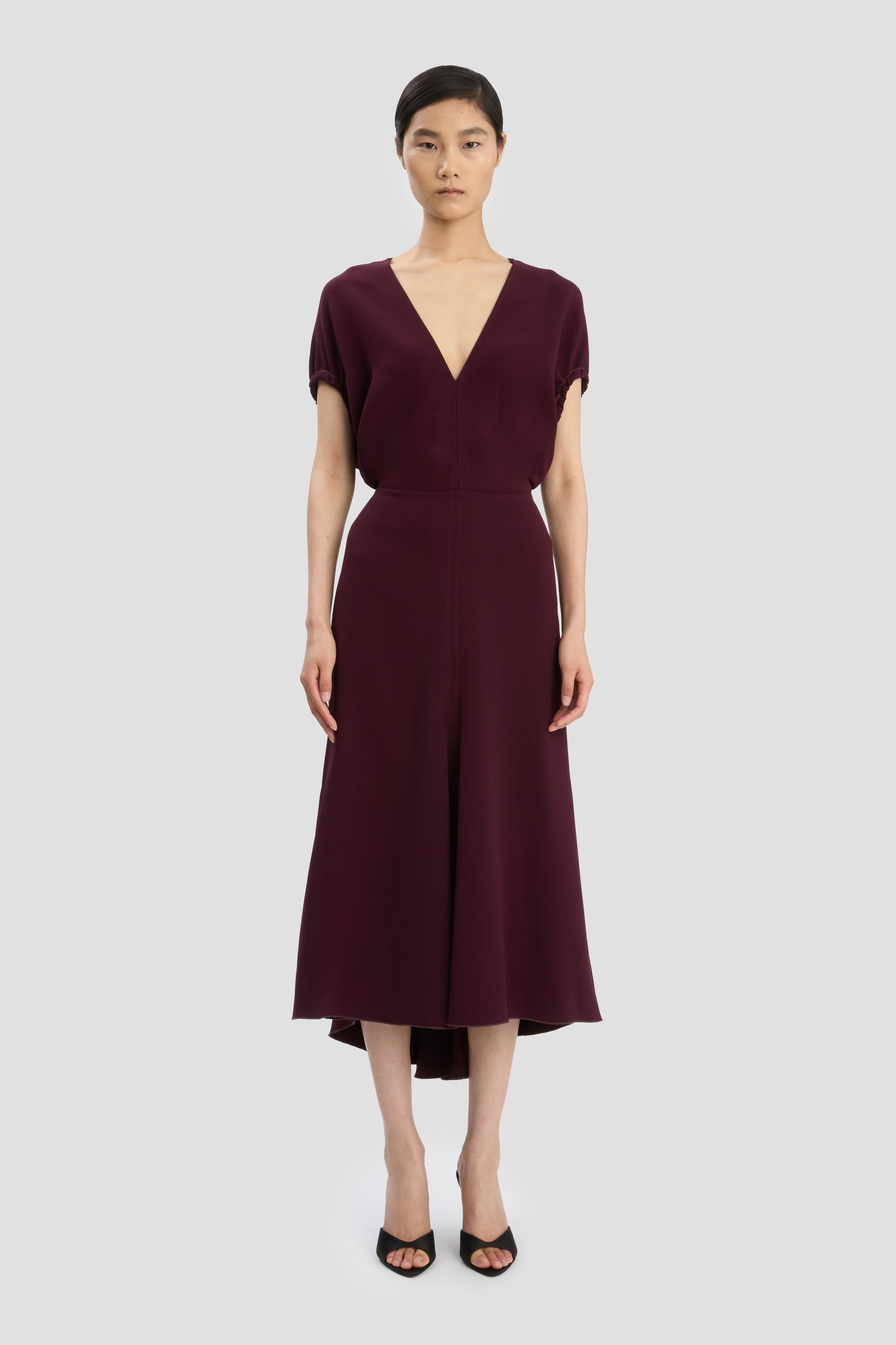 Blouson Detail Midi Dress In Merlot - 2