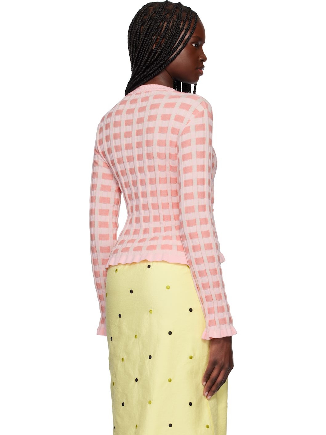 Pink Checked Ribbed Cardigan - 3
