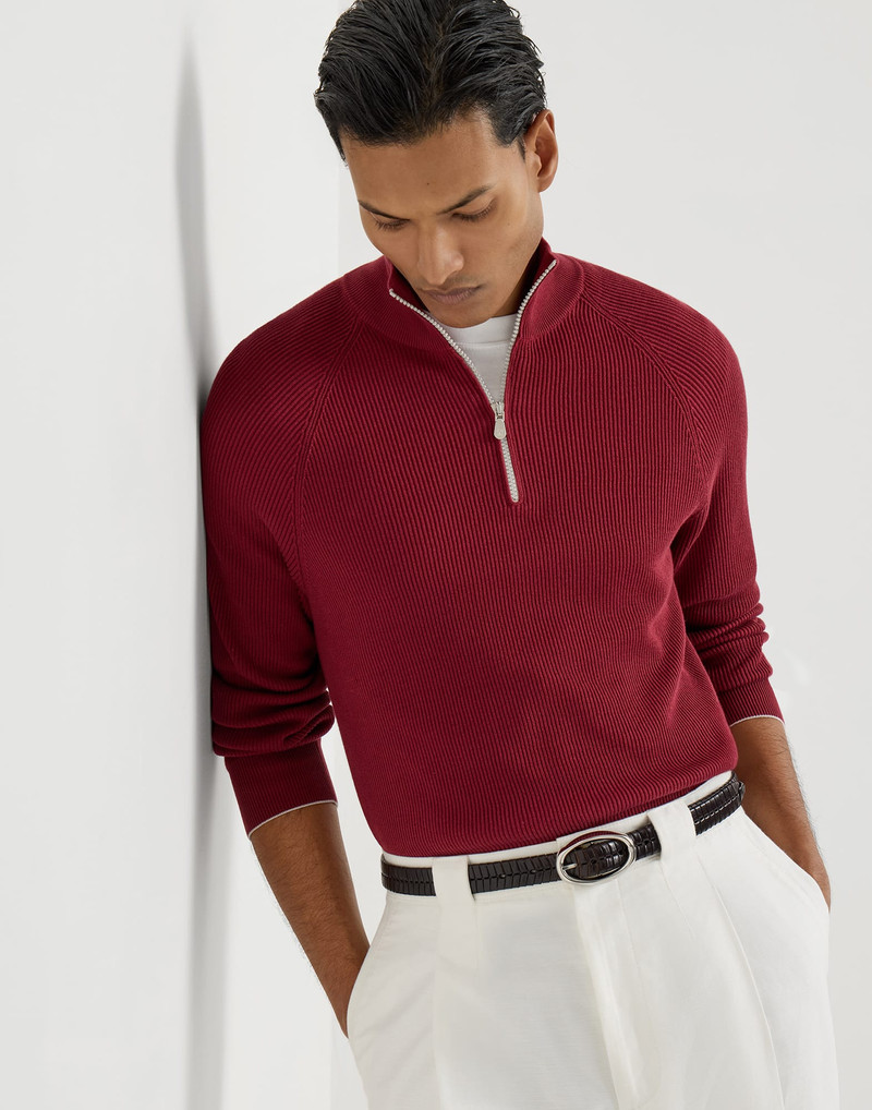 Cotton English rib sweater with half zip and raglan sleeves 5