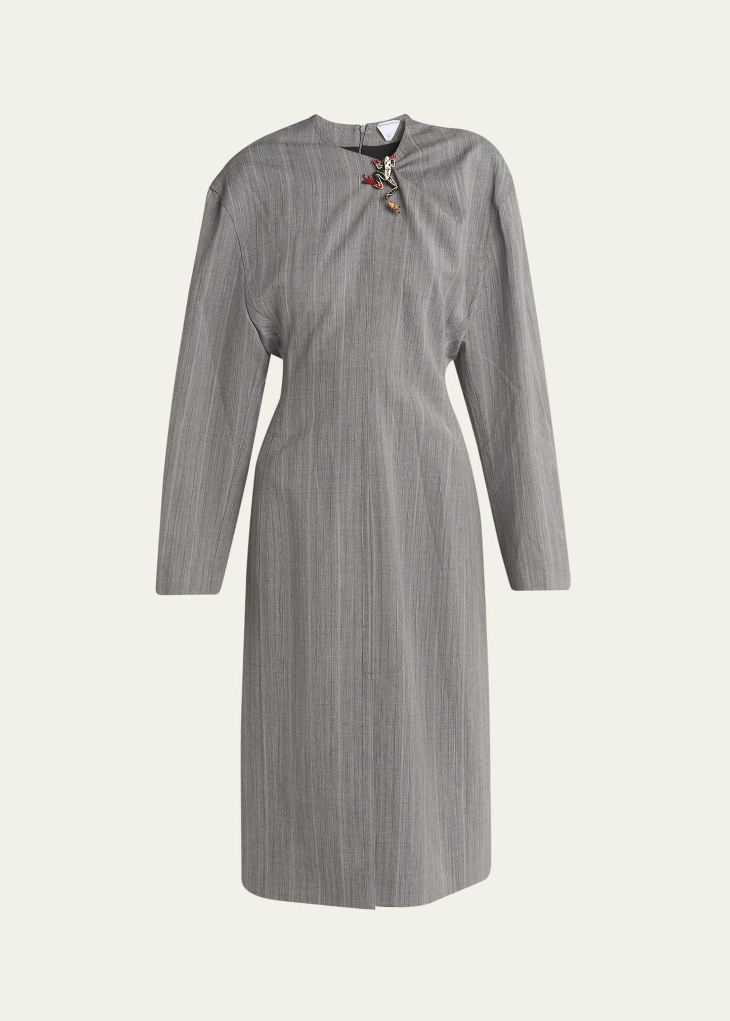 Subtle Stripe Melange Wool Dress with Frog Brooch - 1