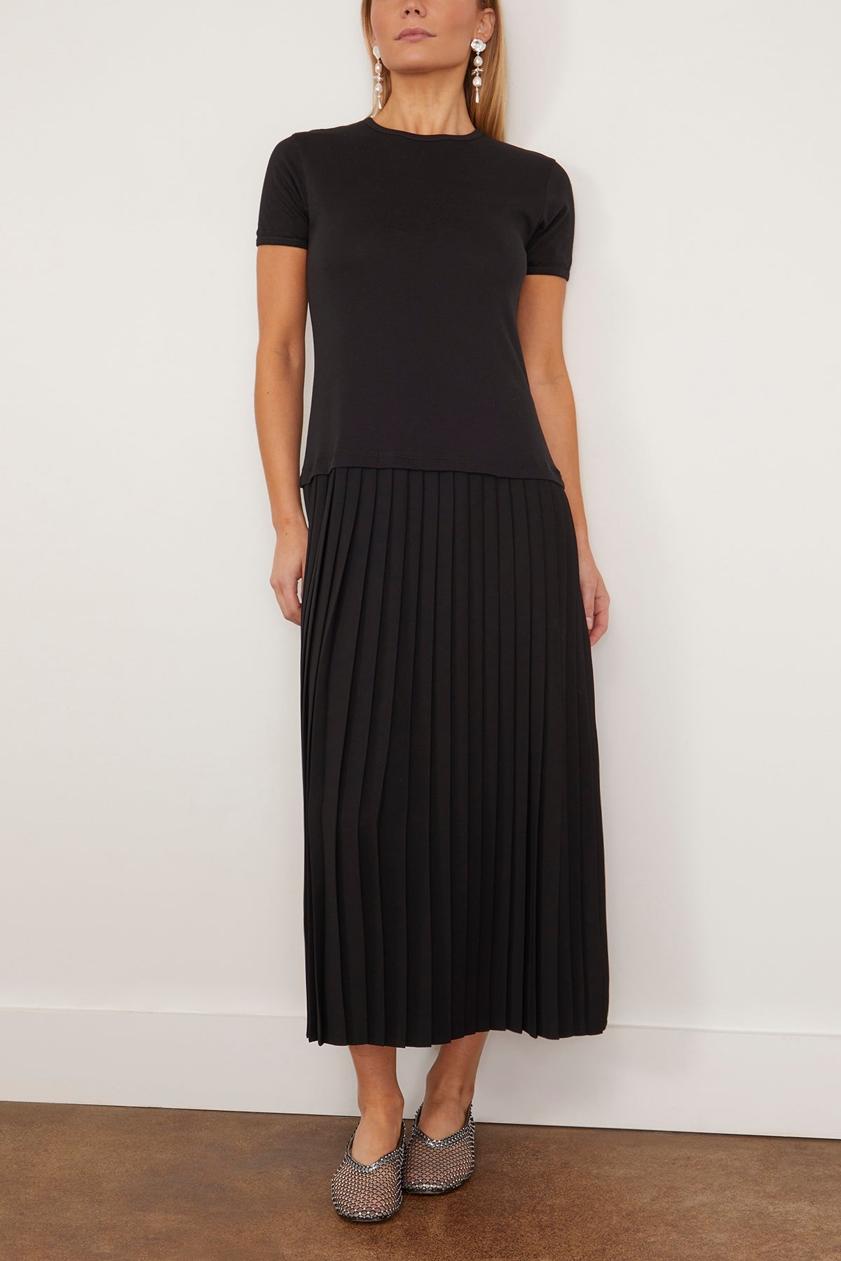 Short Sleeve Midi Dress with Pleated Skirt in Black - 3