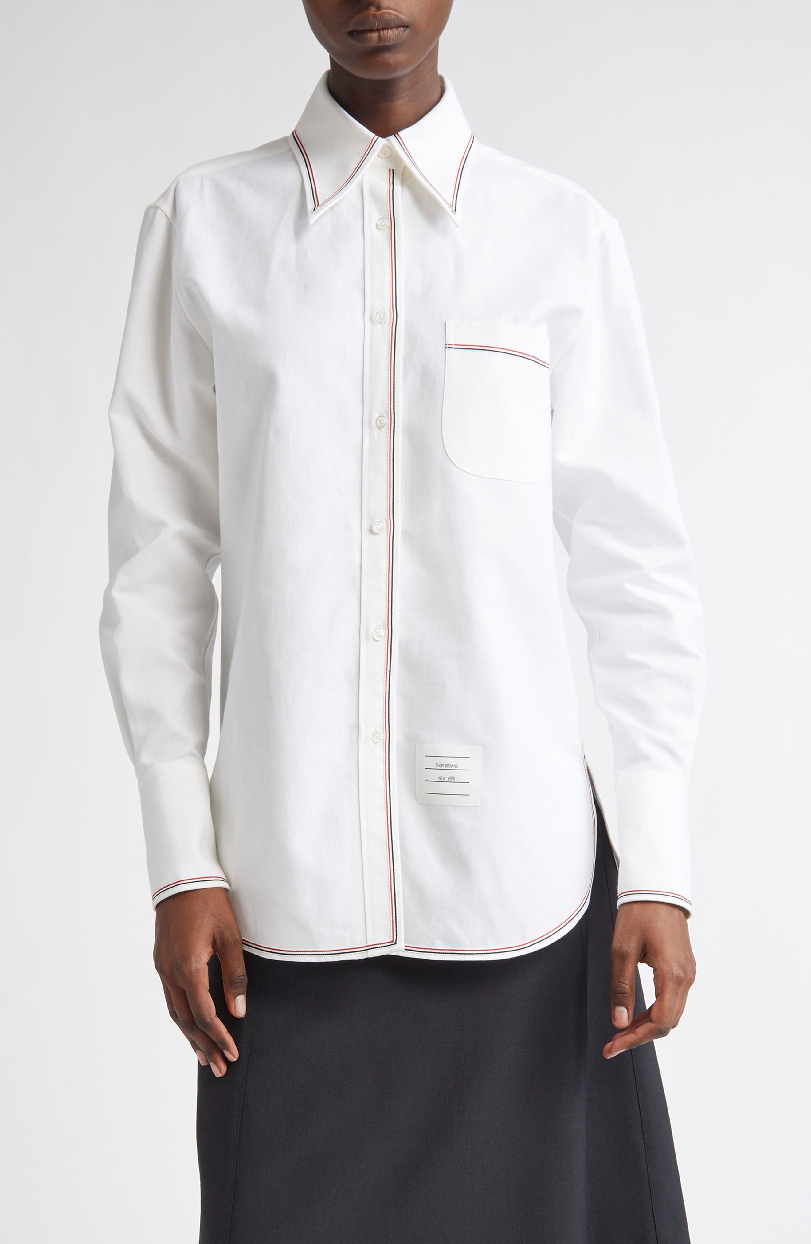 Thom Browne Exaggerated Point Collar Cotton & Linen Button-Up Shirt in White at Nordstrom - 1