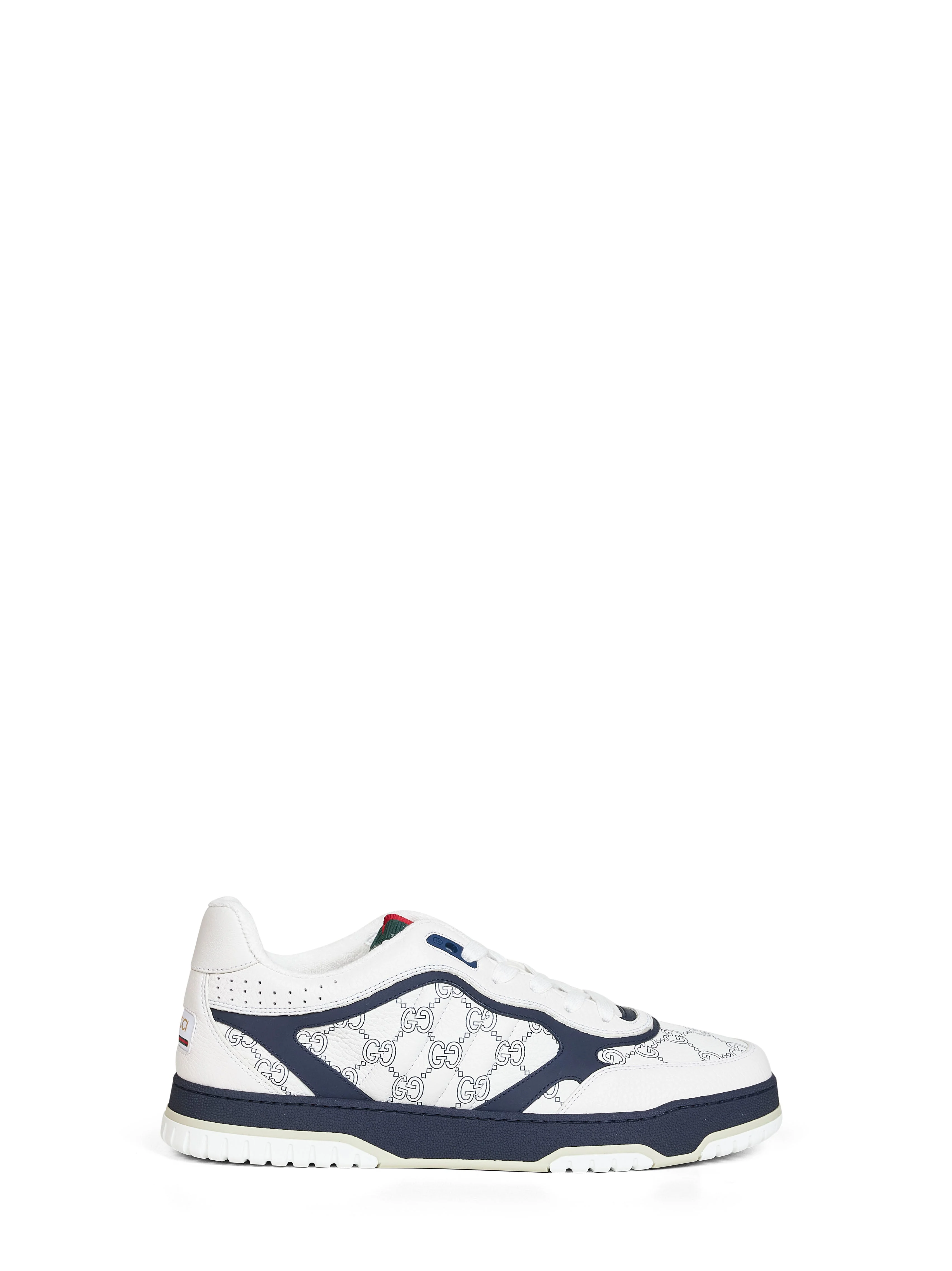 Gucci Men White And Blue Gg Leather Gucci Re-Web Sneakers - 1