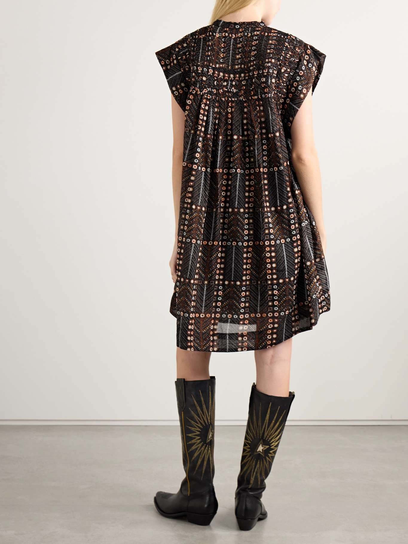 Leazali pintucked printed cotton-voile mini dress Black - 4