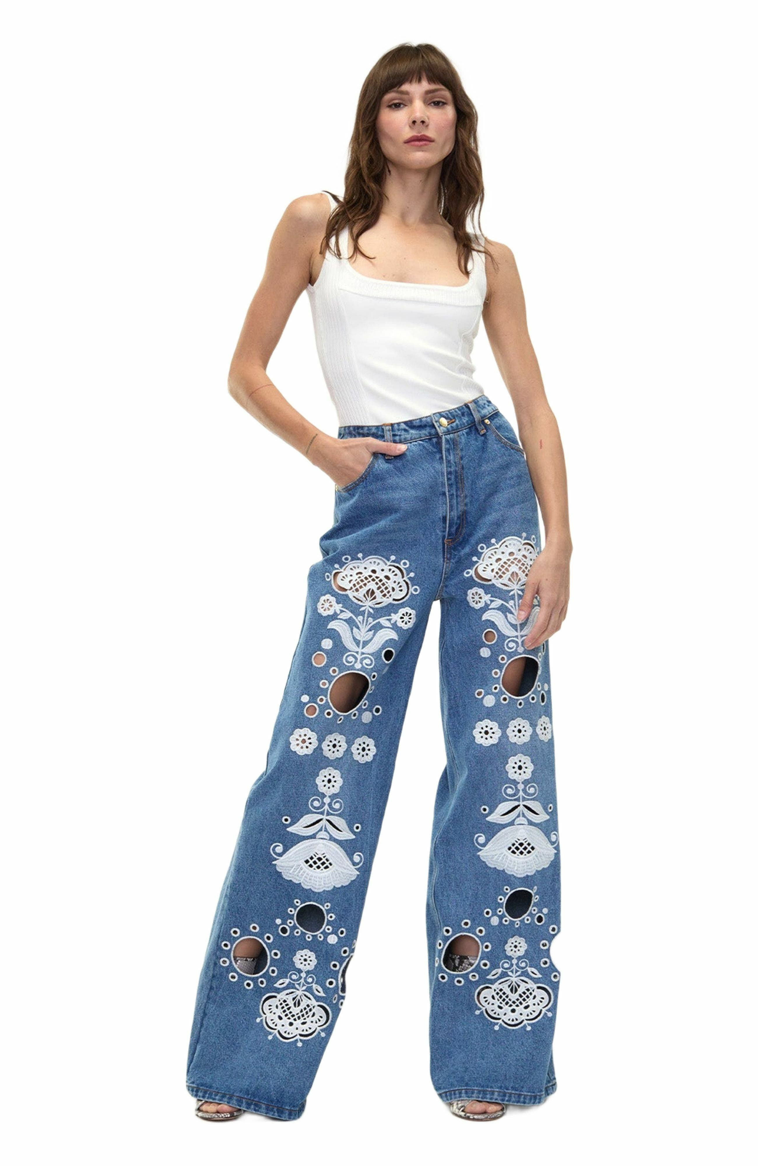 Cynthia Rowley Embroidered Wide-leg Jean in Blue/white at Nordstrom - 6