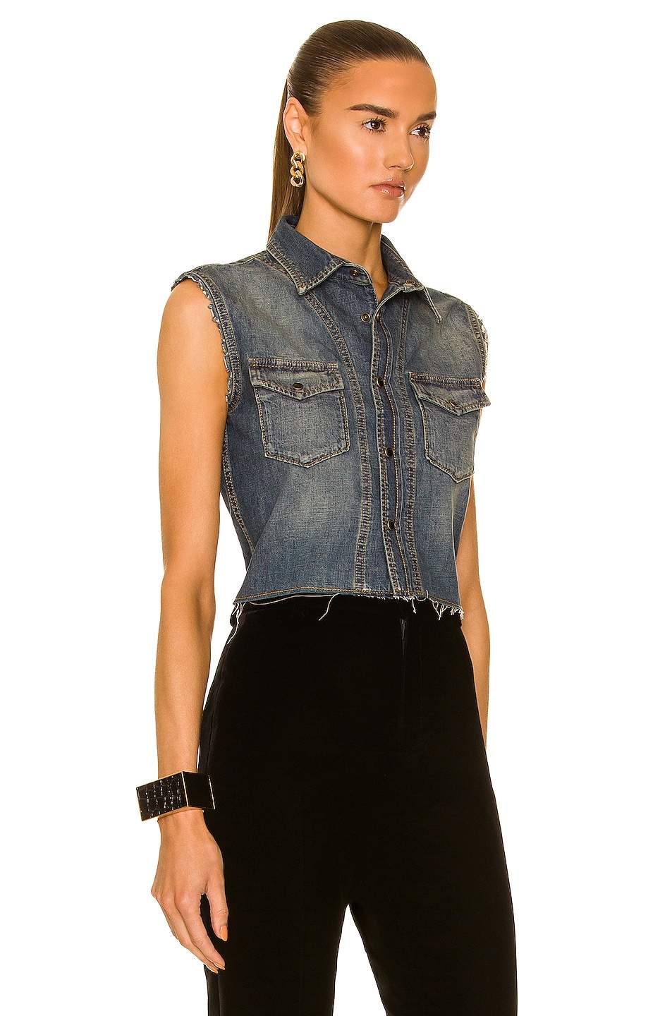 Cropped Sleeveless Denim Shirt - 2