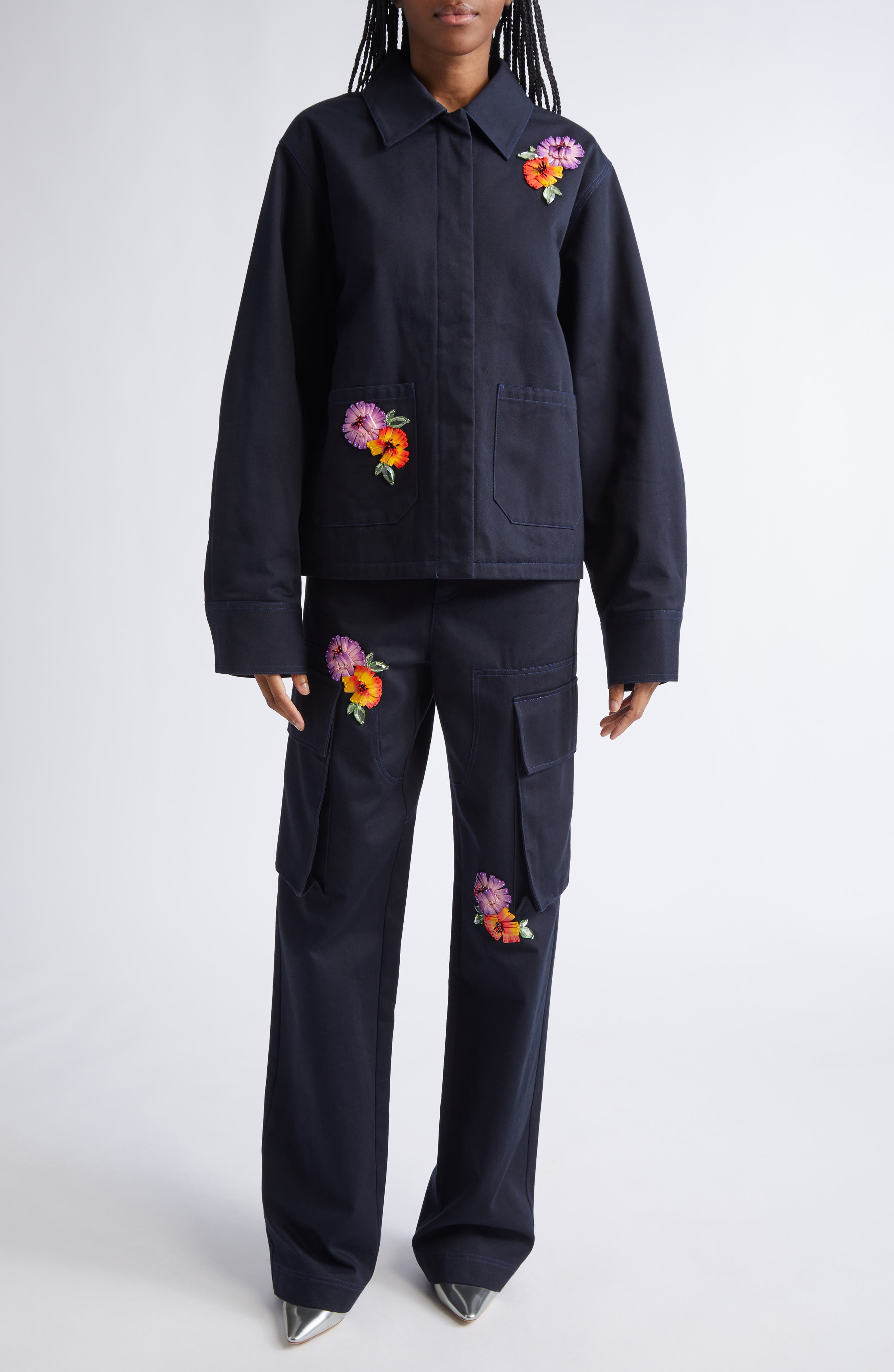 Area Flower Embellished Cargo Jacket in Midnight Blue at Nordstrom - 2