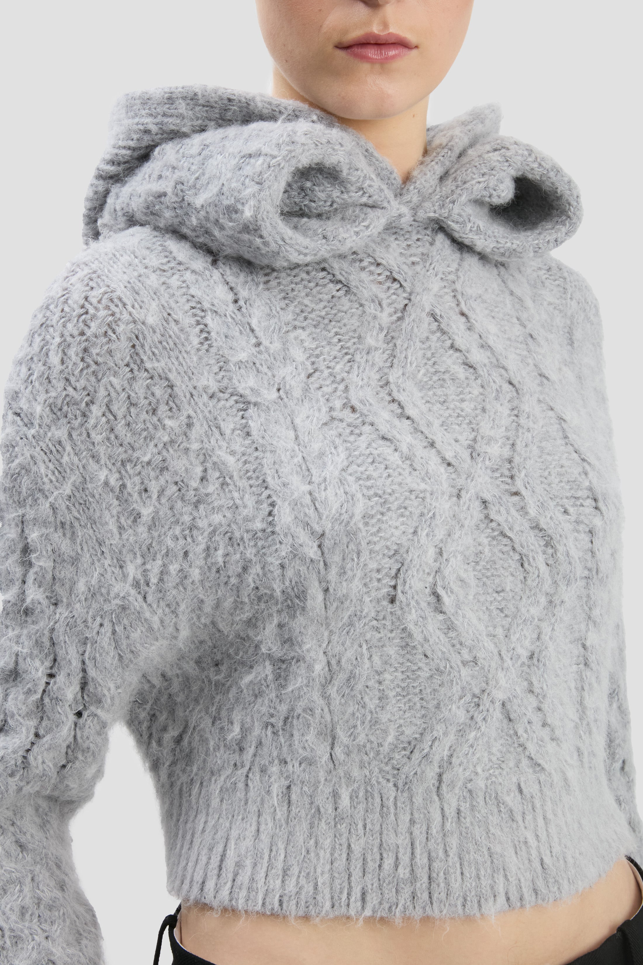 Cropped Cable Jumper In Grey Melange - 4