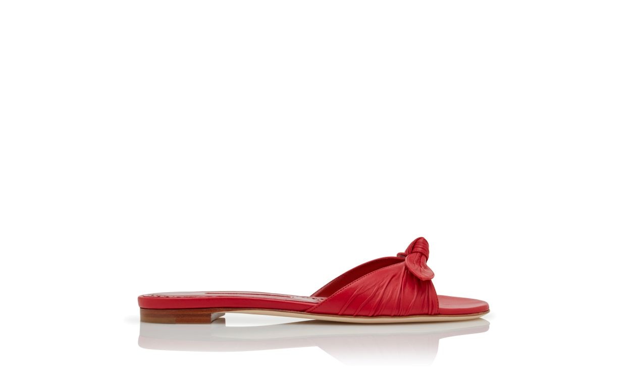 Red Nappa Leather Bow Detail Flat Sandals - 1