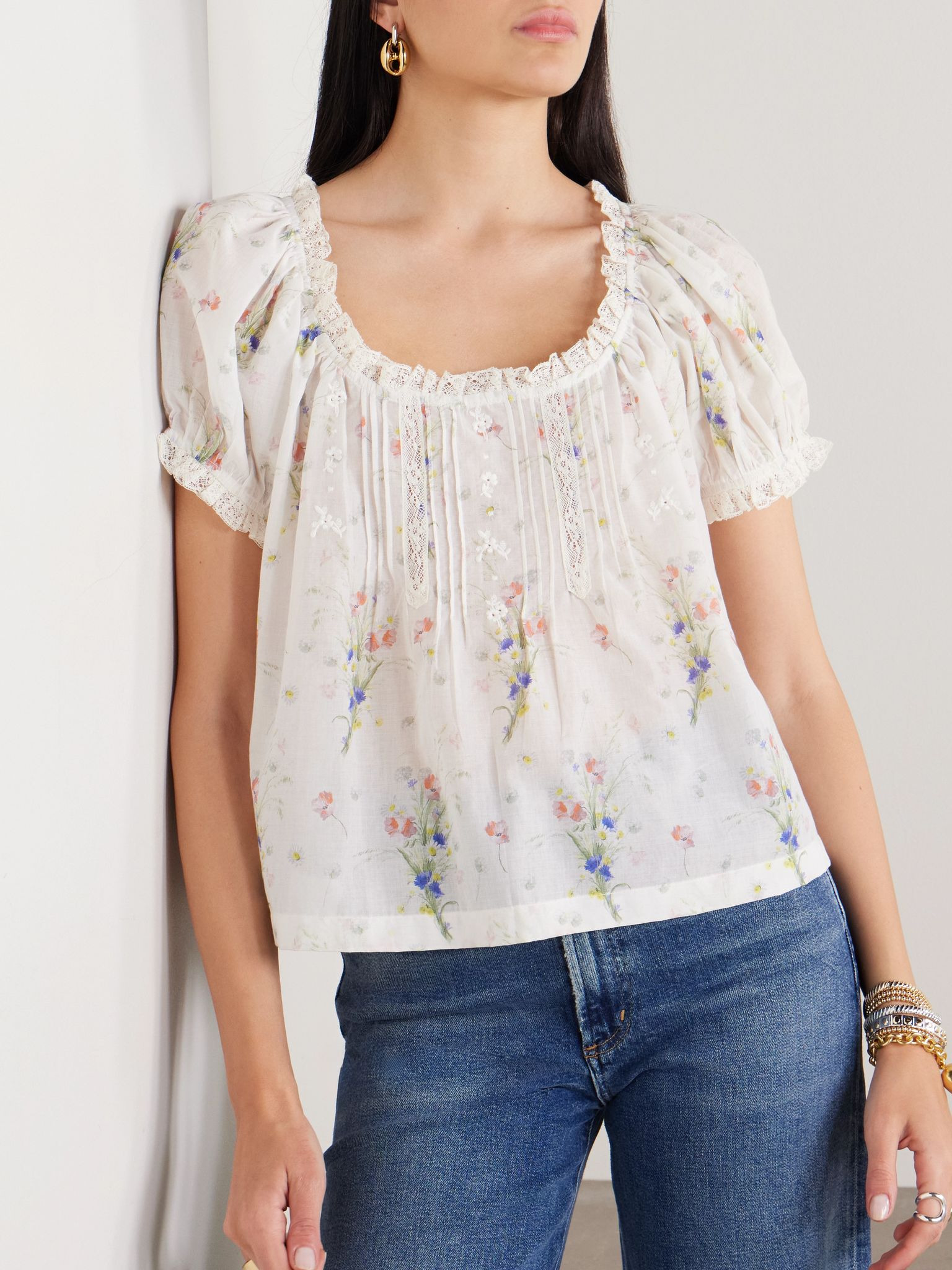 Frederica lace-trimmed floral-print pintucked organic cotton-voile blouse White - 3