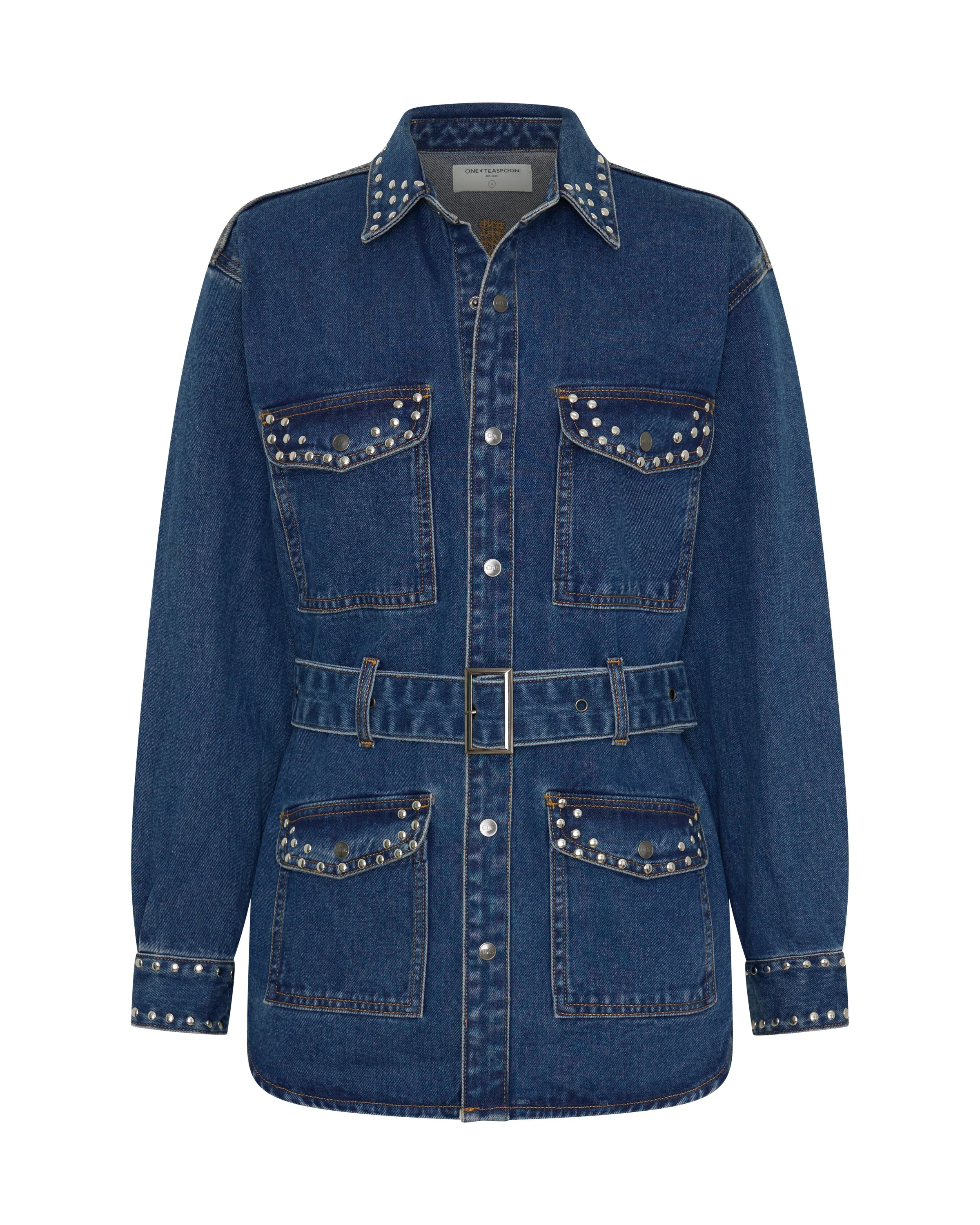 Chrome Edge Studded Belted Denim Jacket - Eclipse Blue - 1