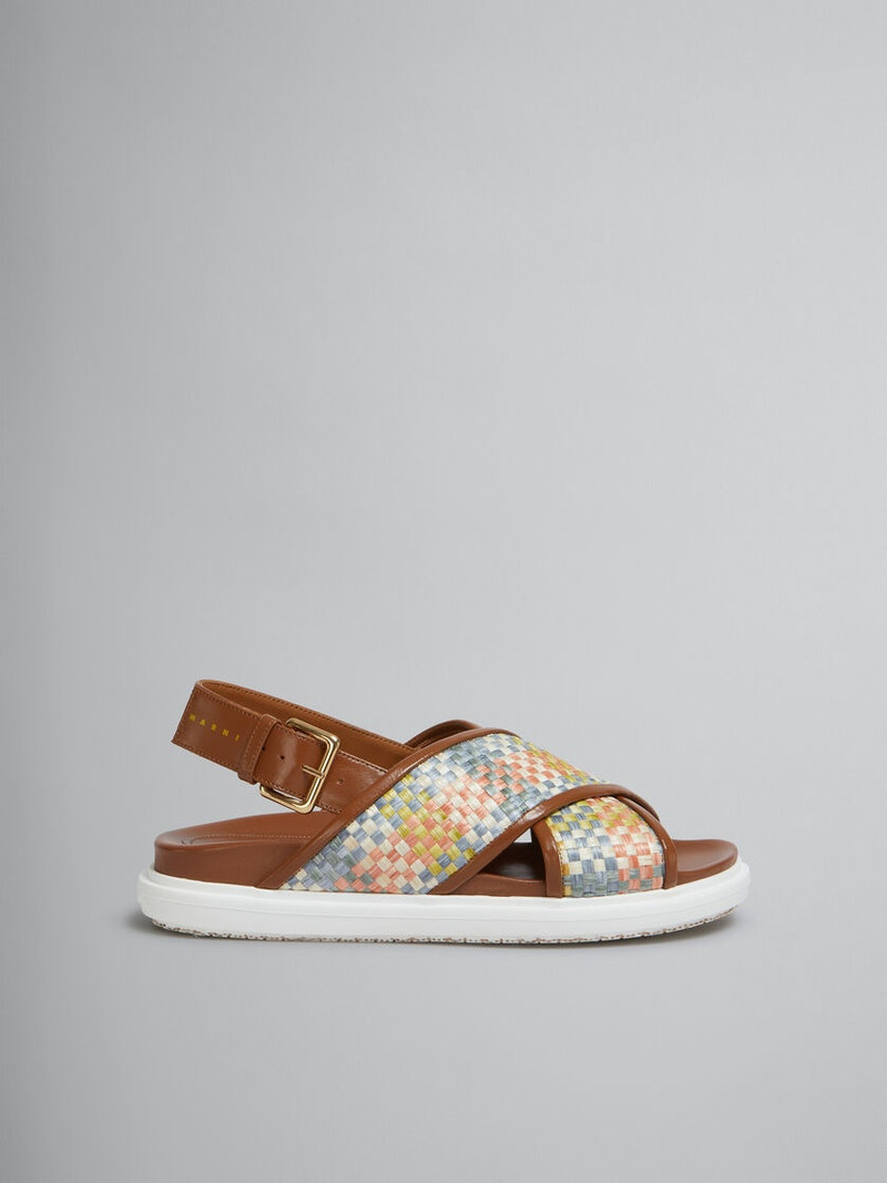 FUSSBETT SANDALS IN BROWN LEATHER AND RAFFIA-EFFECT FABRIC 1