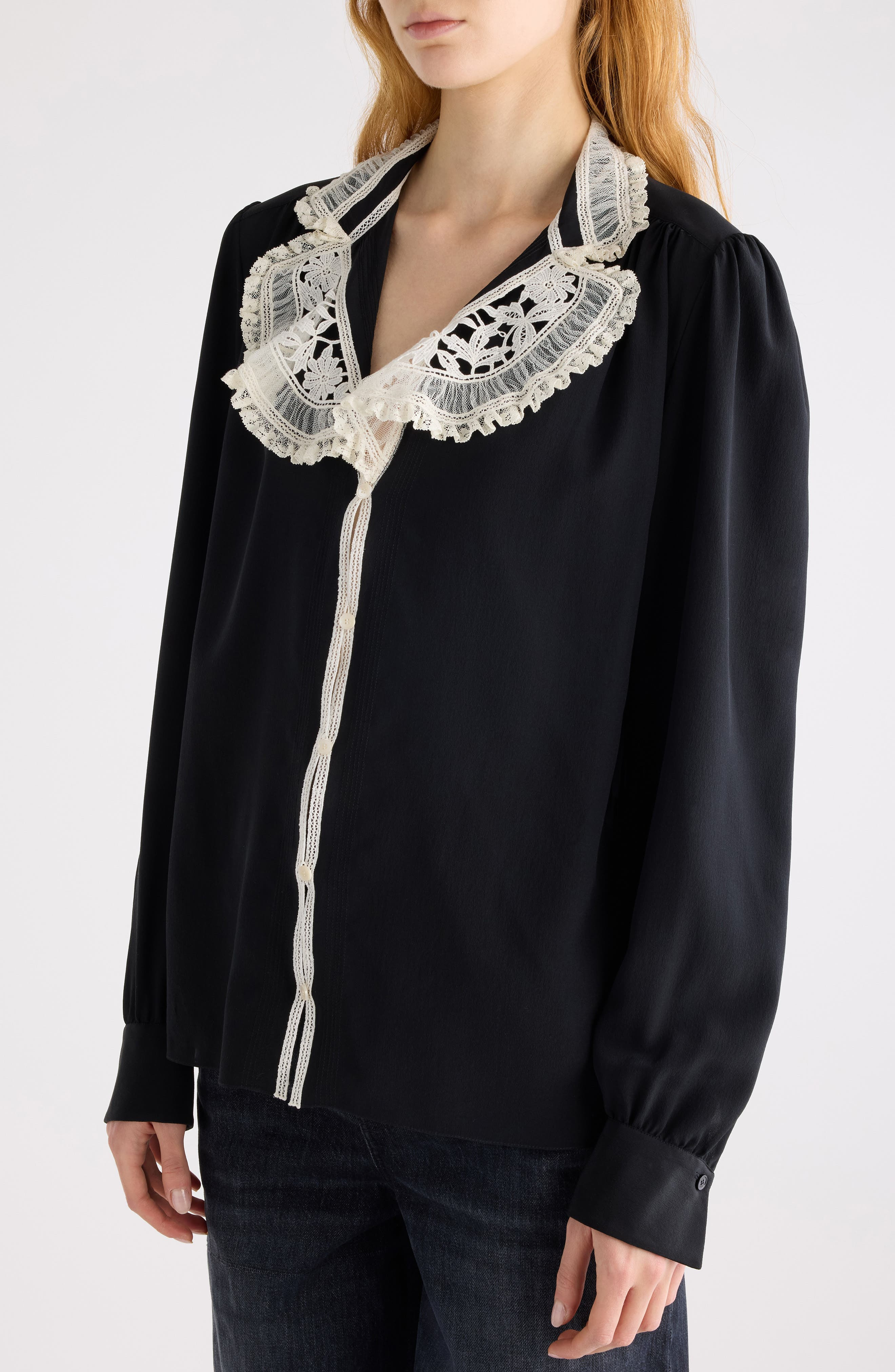 Chloé Silk Crêpe de Chine & Lace Ruffle Collar Button-Up Shirt in Black at Nordstrom - 5