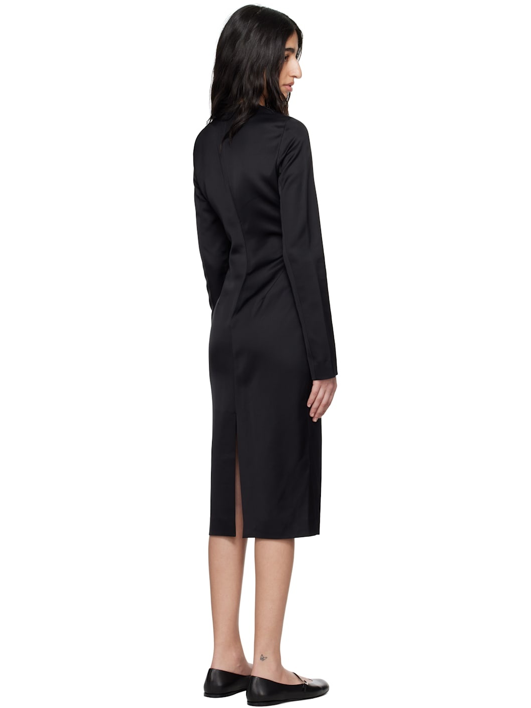 Black Lean Satin Midi Dress - 3
