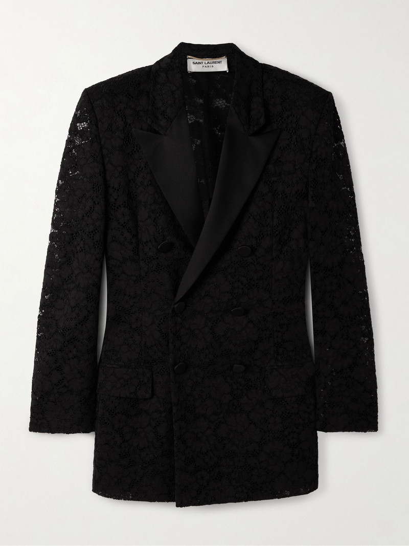 Double-breasted satin-trimmed lace blazer Black 1