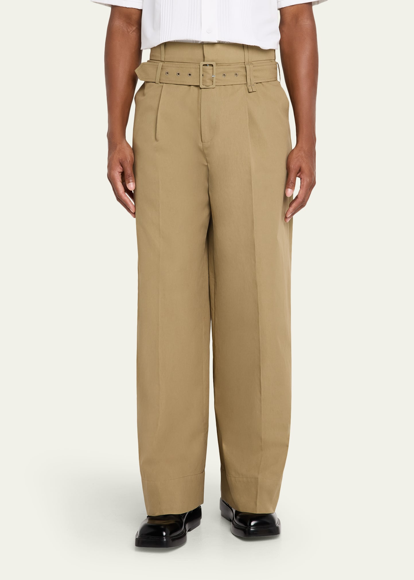Men's Olive Belted Cotton Wide-Leg Pants - 4