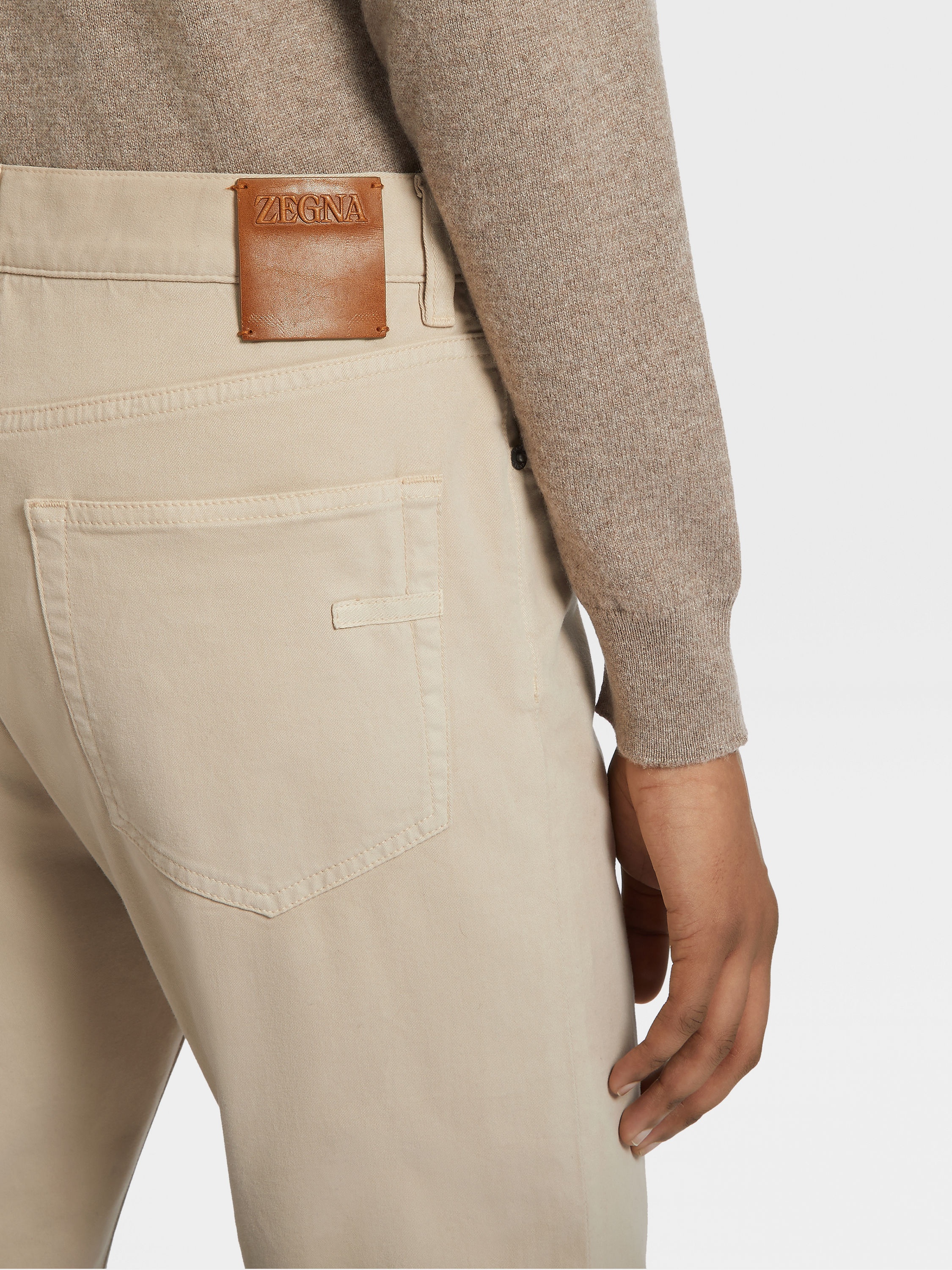 BEIGE STRETCH COTTON ROCCIA JEANS - 4