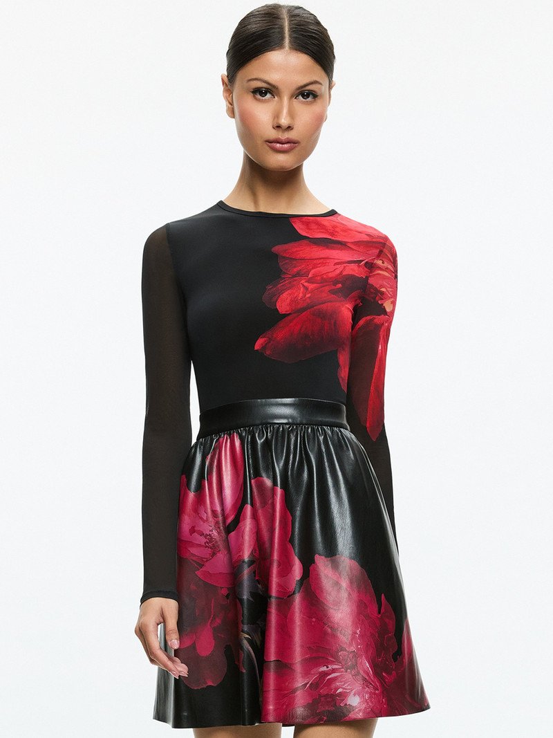 Alice + Olivia CHARA VEGAN LEATHER CREW NECK LONG SLEEVE GATHERED DRESS -  CC408P27531D604 | REVERSIBLE