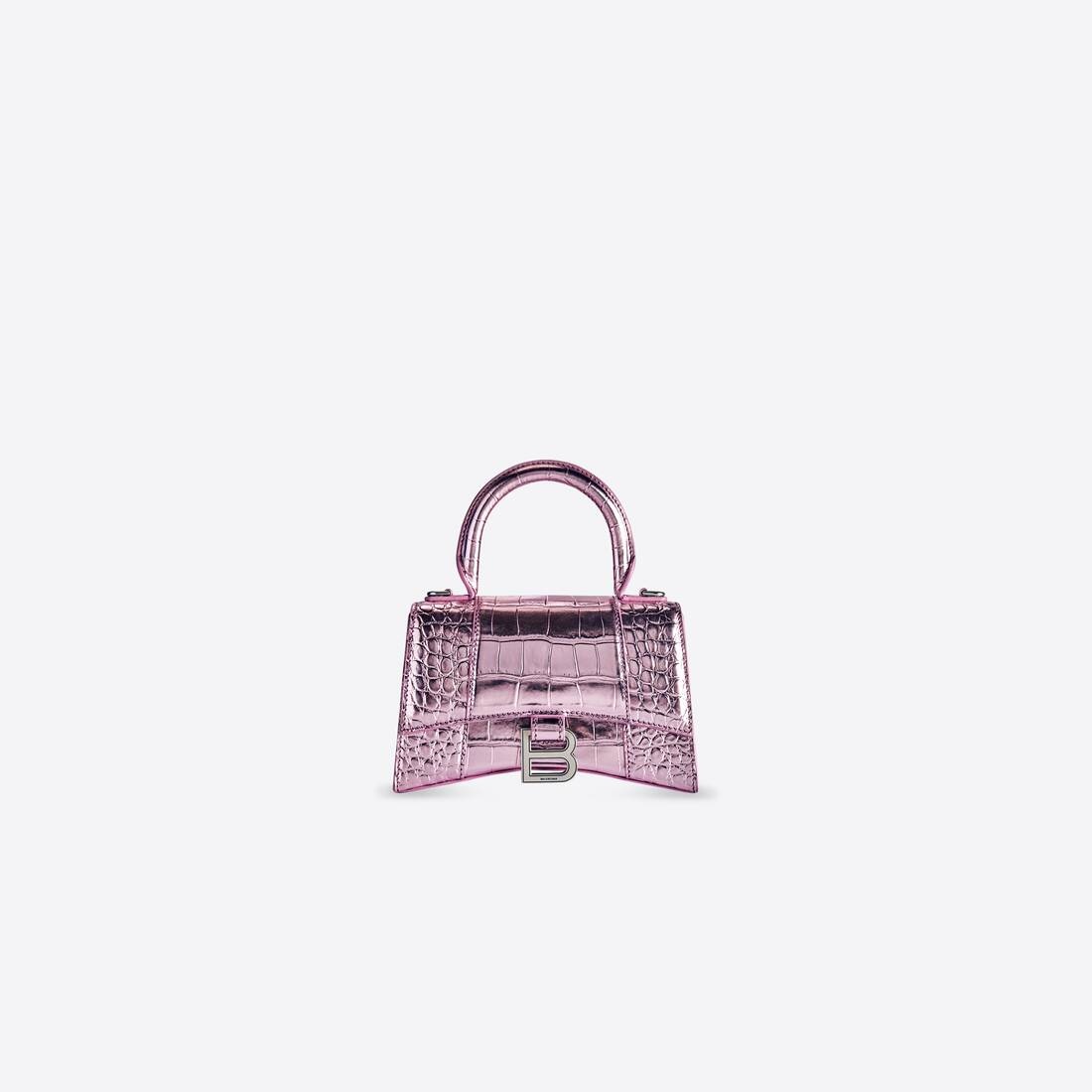 Women's Hourglass Xs Handbag Metallized Crocodile Embossed in Pink - 1