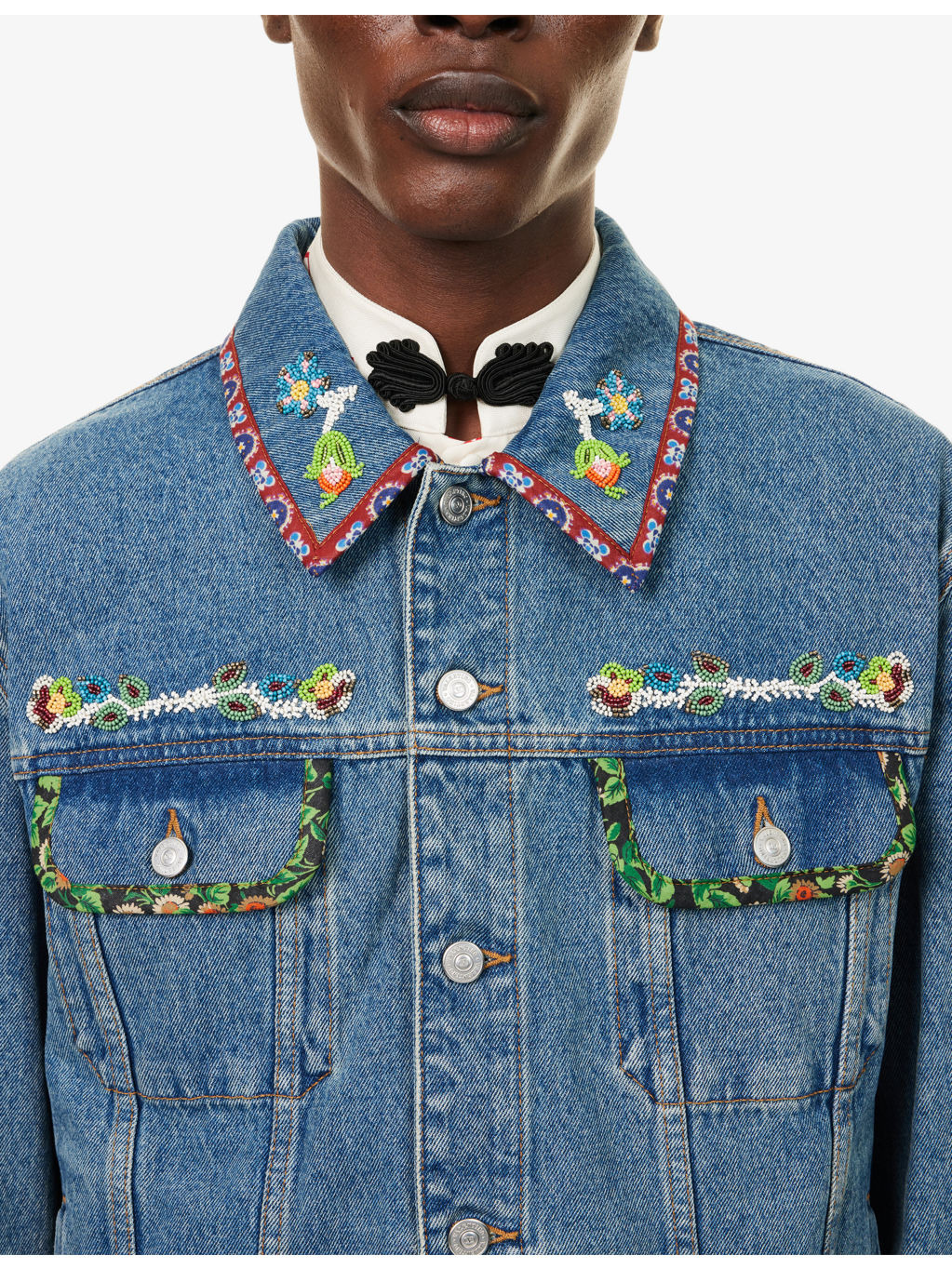 Beaded-Embellishment Printed-Trims Denim Jacket - 5