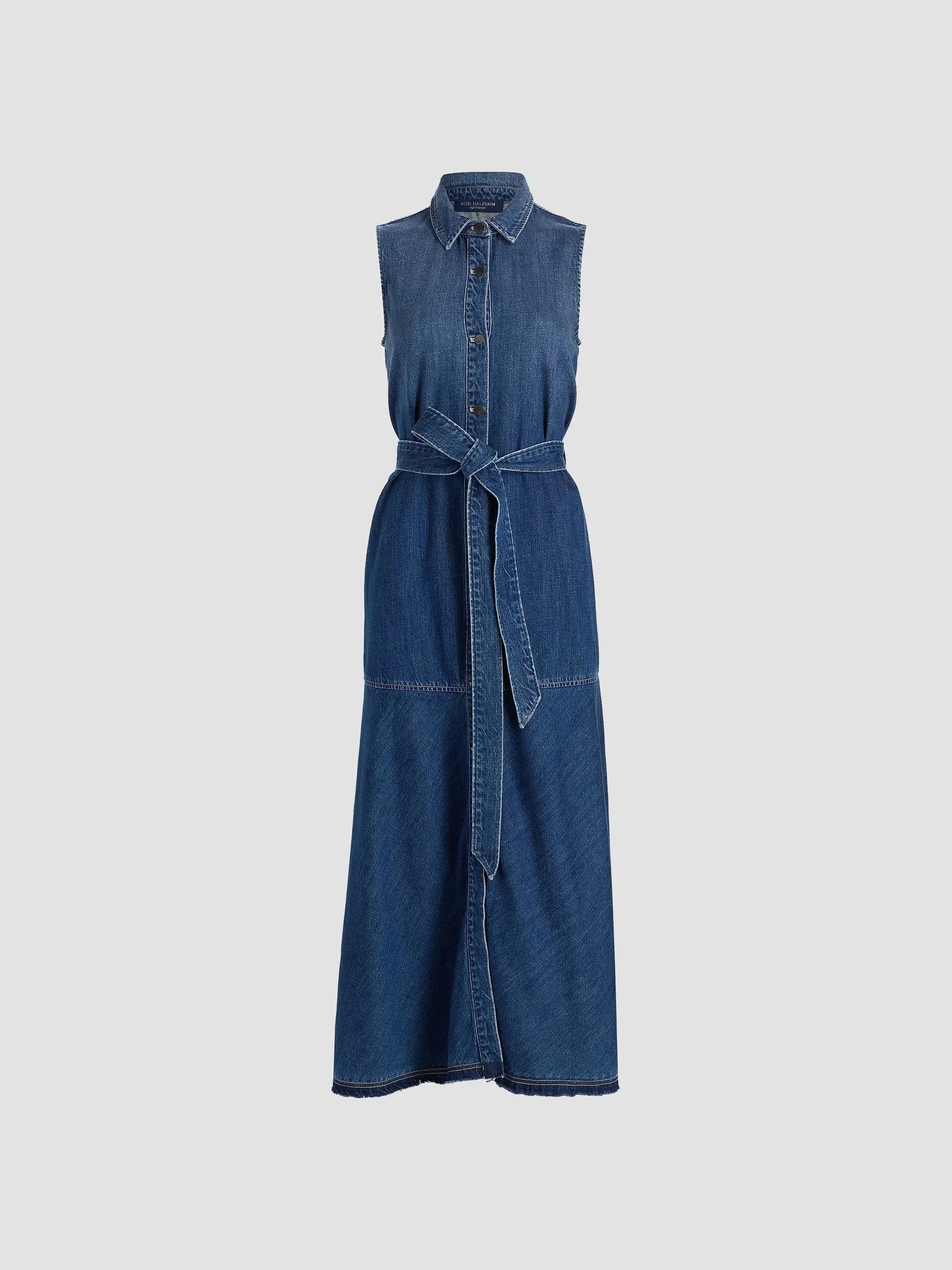 Women's Addison Denim Self-Belt Maxi Shirtdress - Medium Indigo - 1