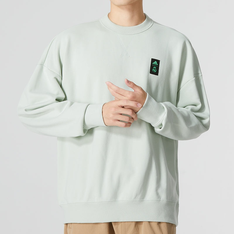 Men's adidas Solid Color Logo Athleisure Casual Sports Pullover Round Neck Green HD1341 - 3