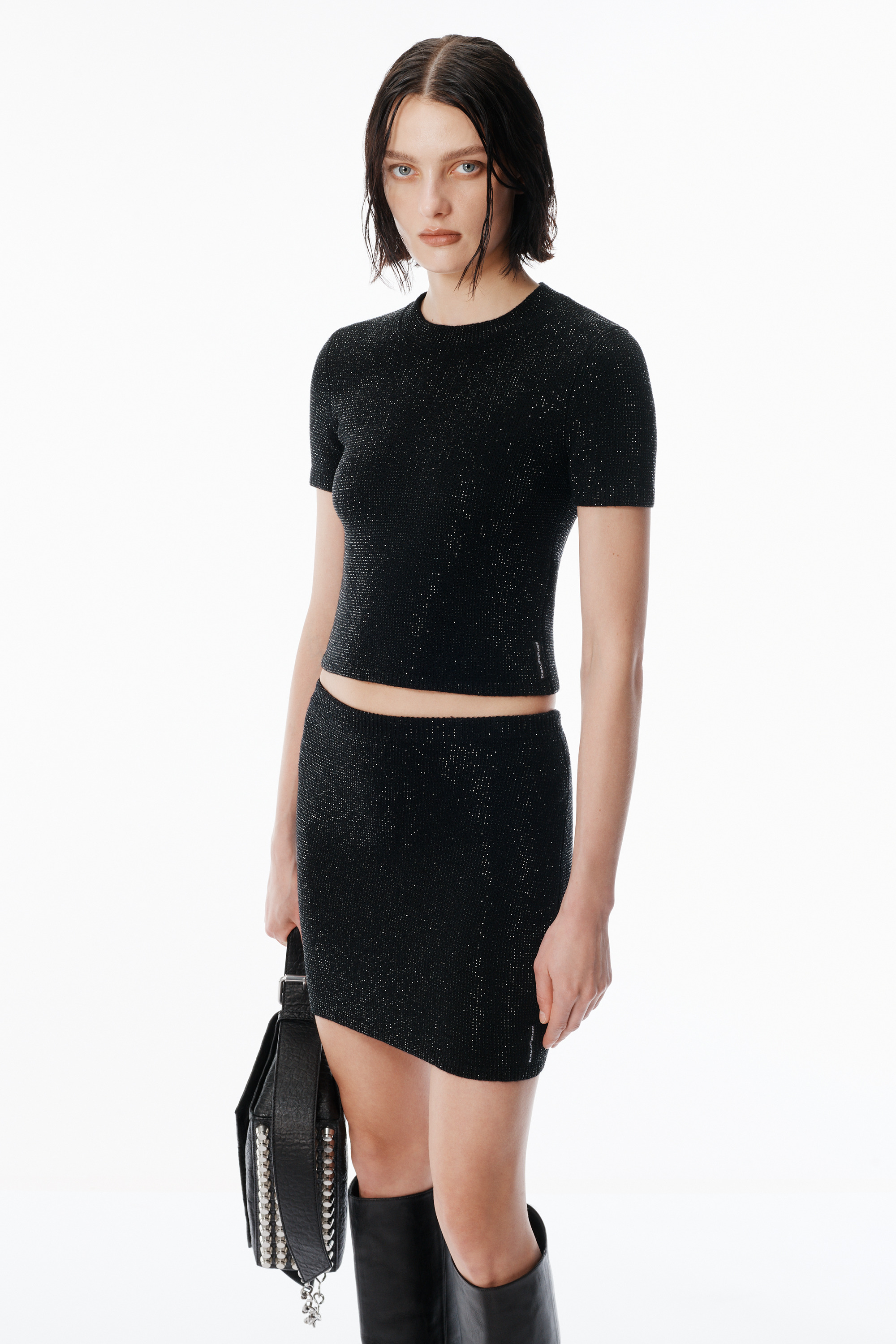 Black Wool-Blend Hotfix Miniskirt - 3