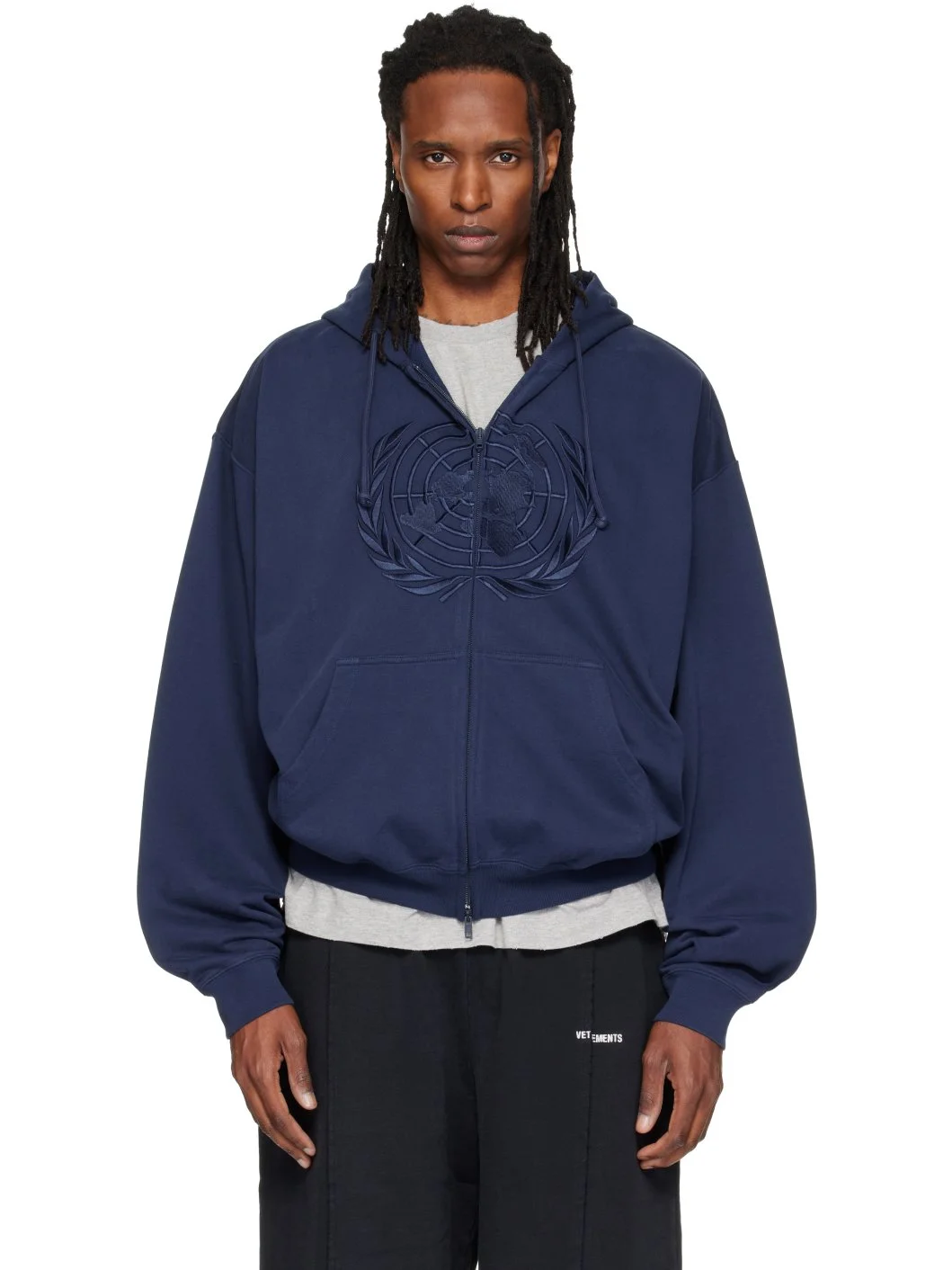 Navy Embroidered Zip Up Hoodie - 1
