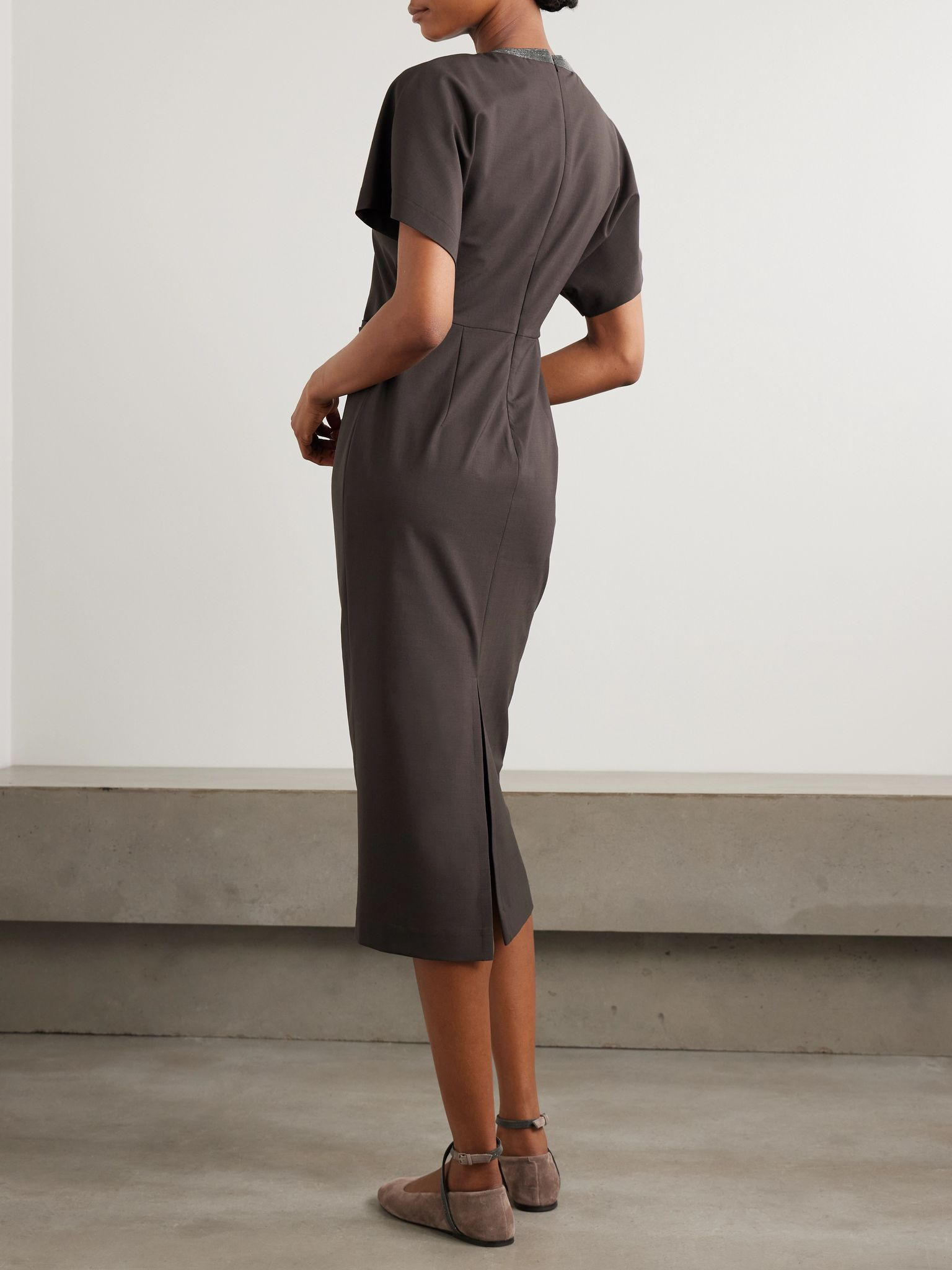 Embellished draped virgin wool-blend midi dress Brown - 3