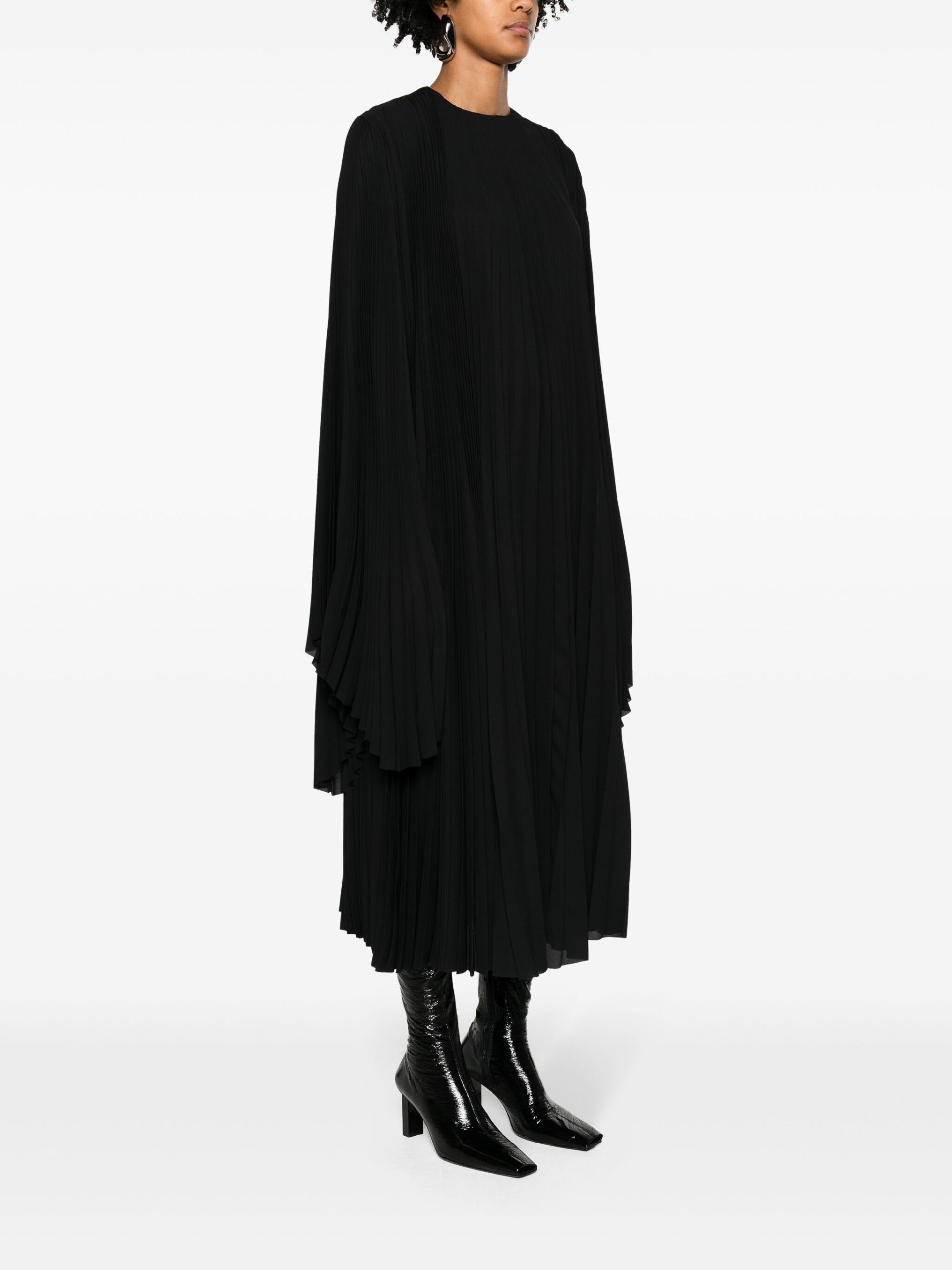 Black Pleated Long-Sleeve Maxi Dress - 3