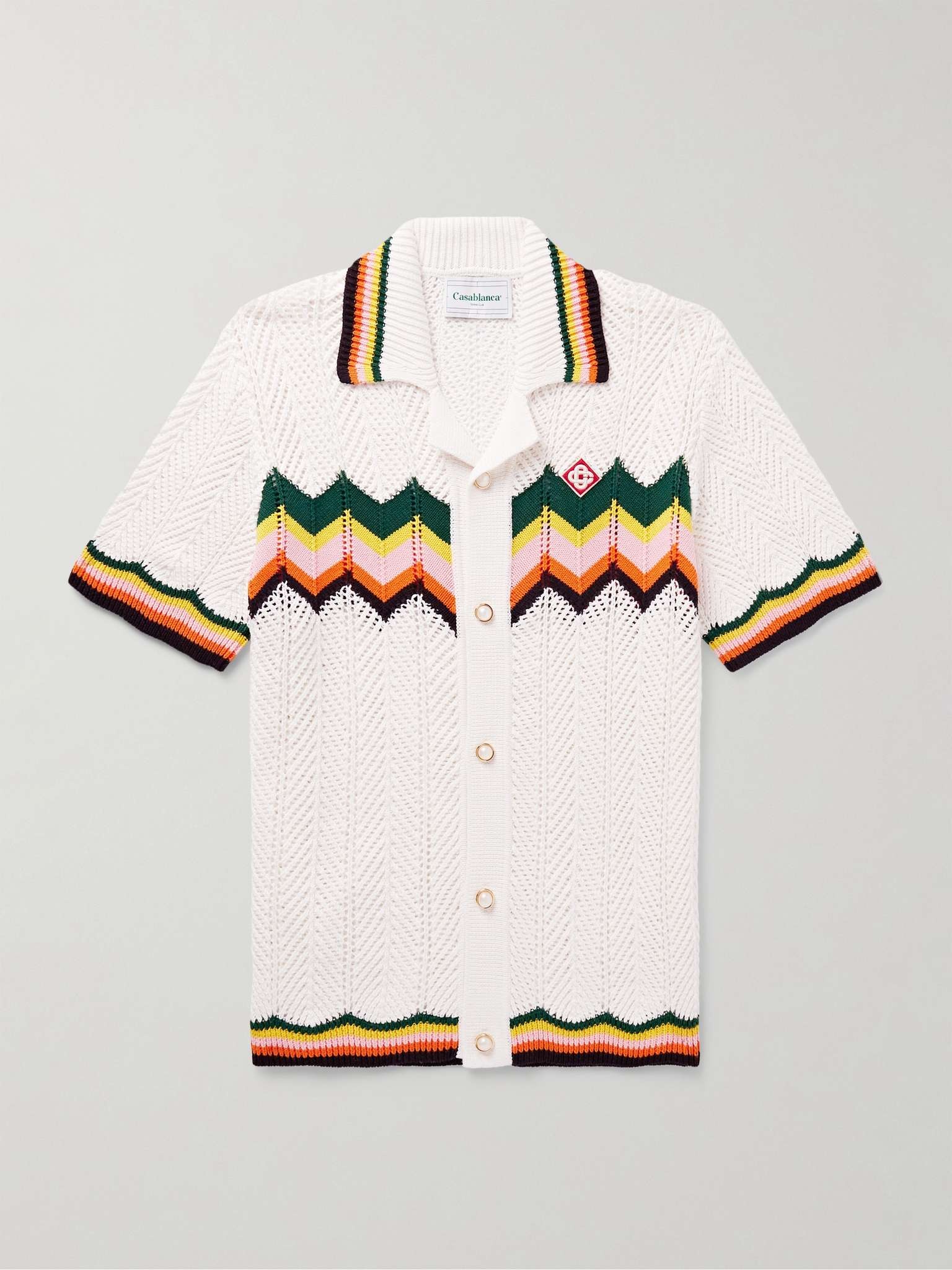 Camp-Collar Logo-Appliquéd Striped Crocheted Cotton Shirt - 1