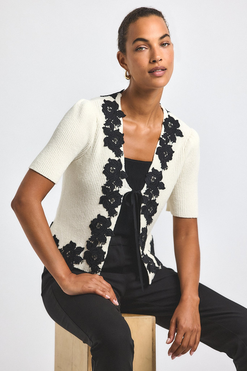 MAES SHORT SLEEVE CARDIGAN WITH LACE TRIM 1