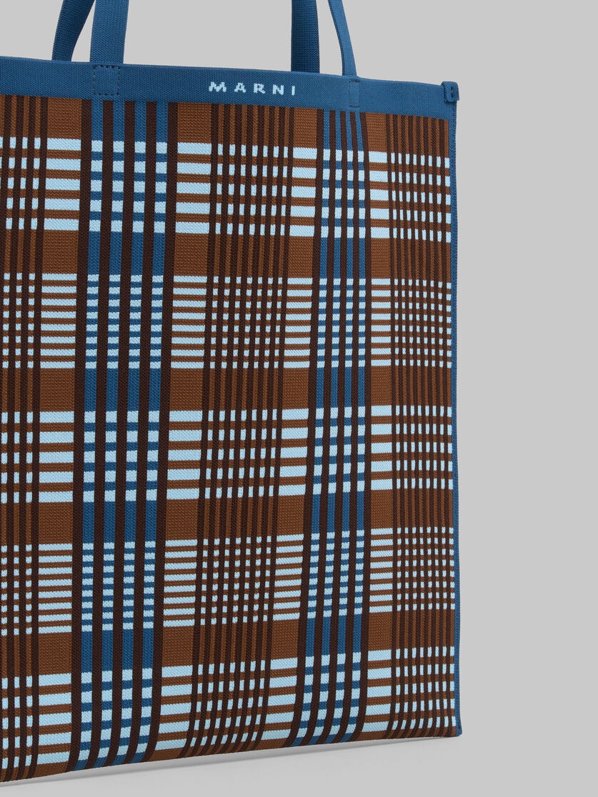 BLUE AND BROWN JACQUARD CHECK FLAT TOTE BAG - 5