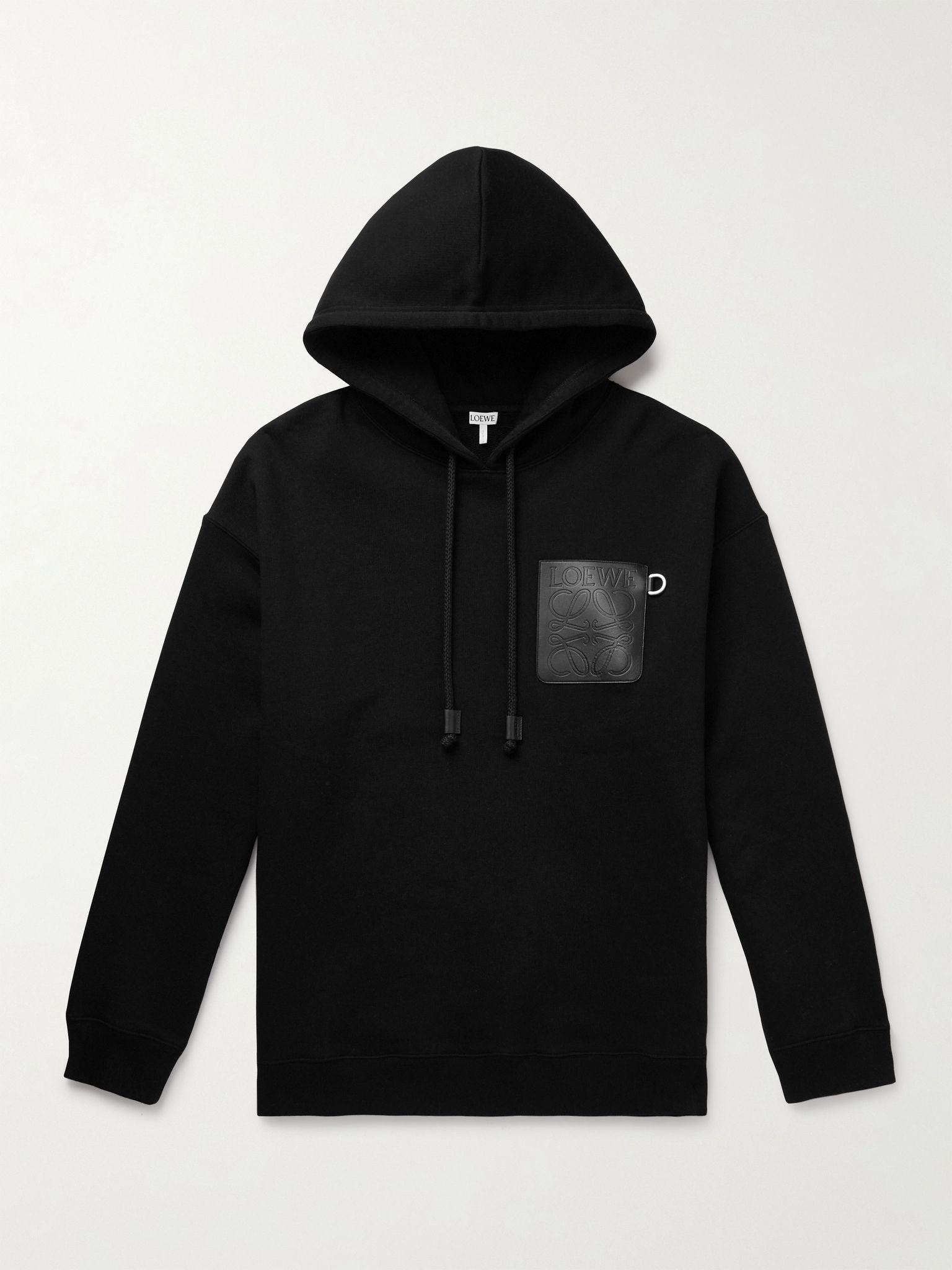 Logo-Debossed Leather-Trimmed Cotton-Jersey Hoodie Black - 1