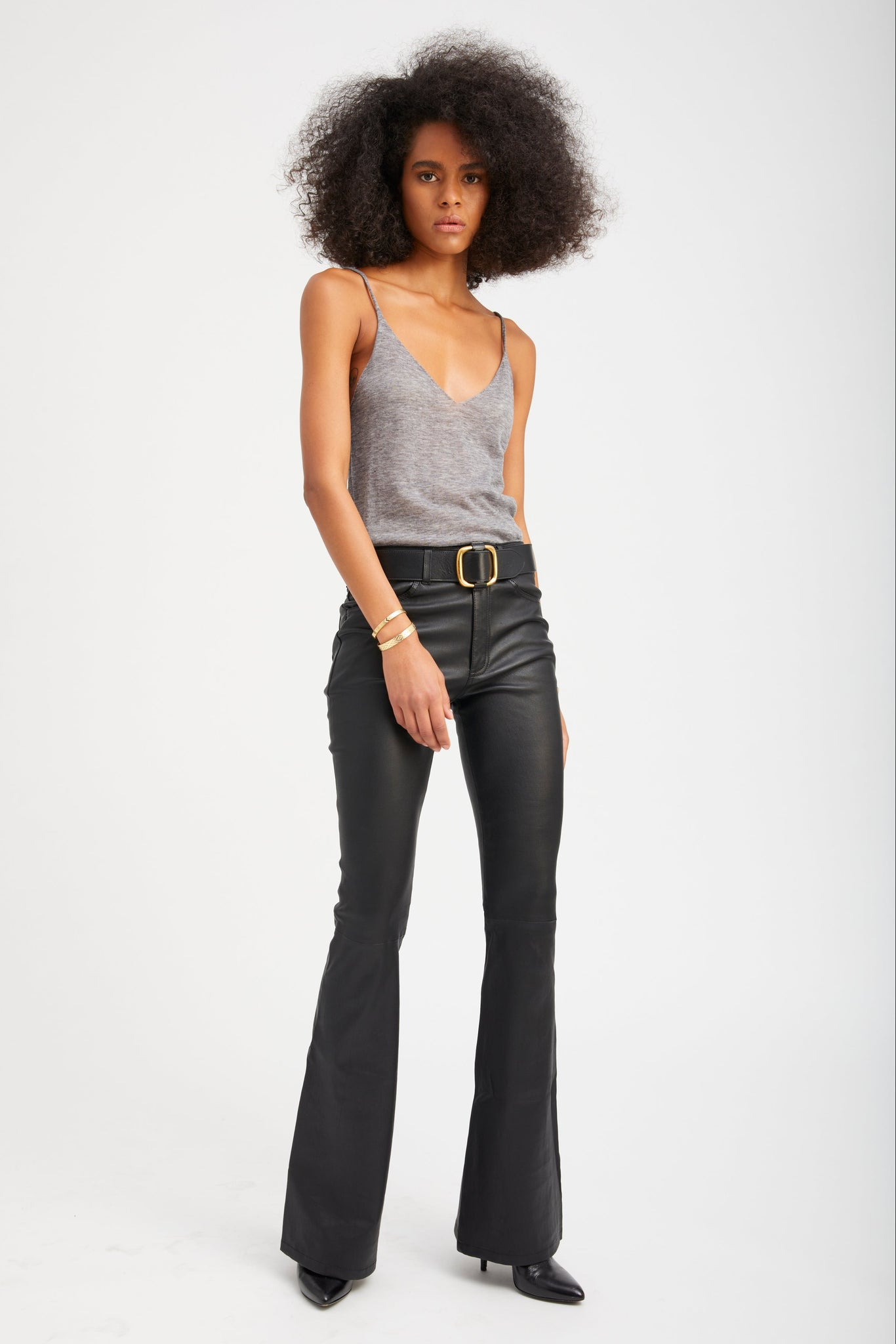 BLACK LEATHER 5 POCKET MICRO FLARE PANTS - 2