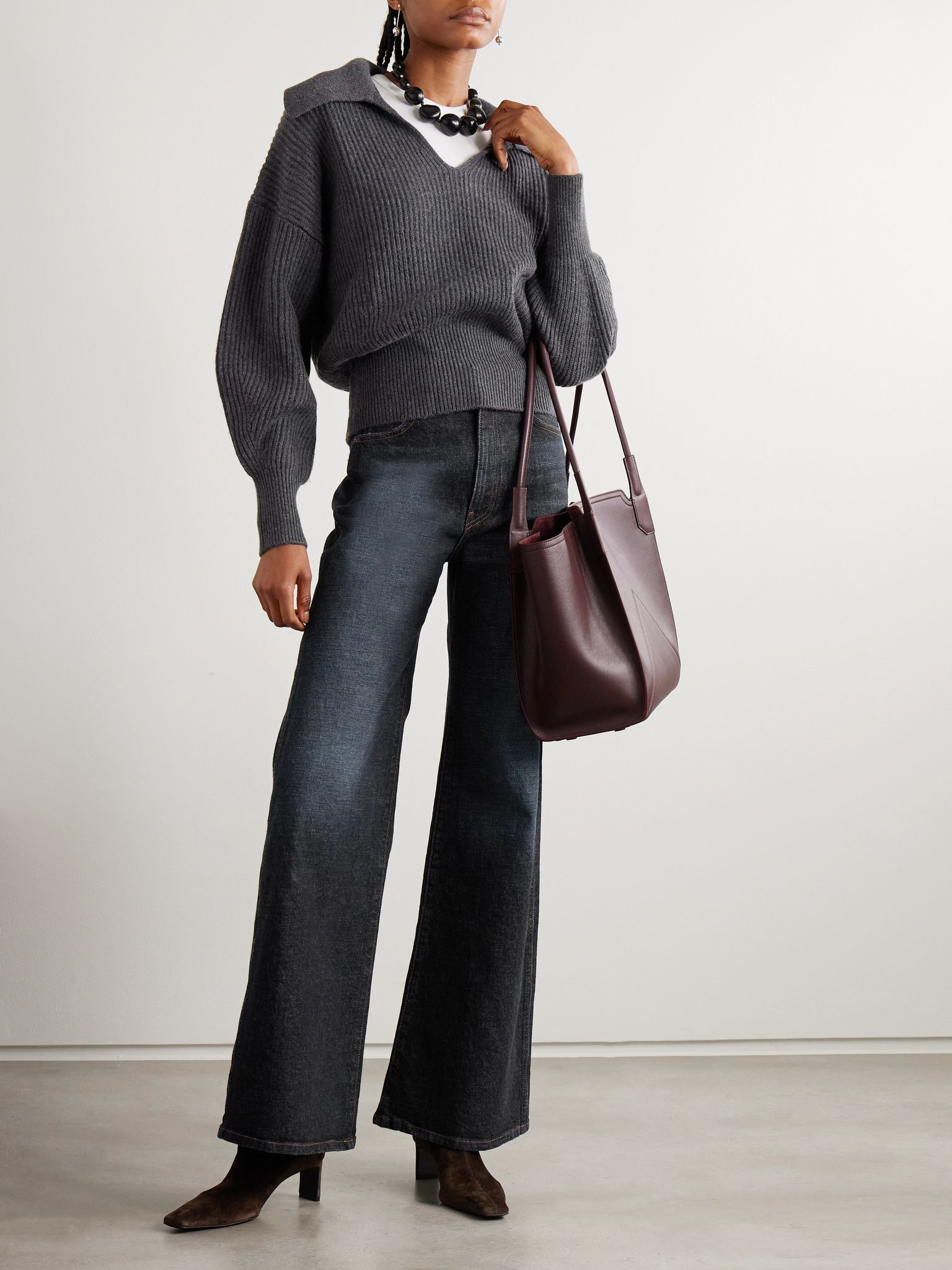 Ribbed wool, silk and cashmere-blend polo sweater Charcoal - 2