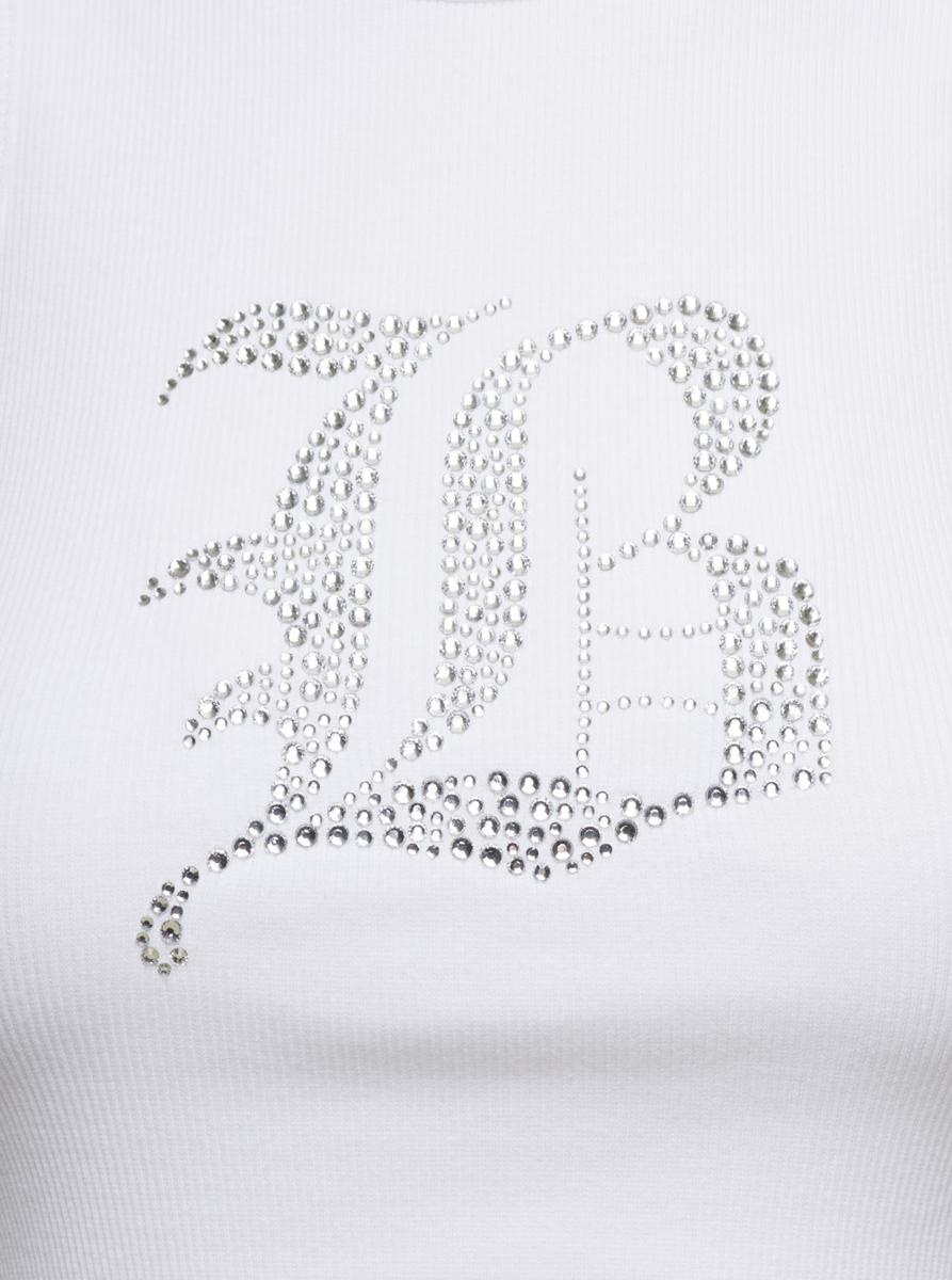 BLUMARINE WHITE RIBBED TANK TOP WITH RHINESTONE LOGO IN COTTON WOMAN - 3