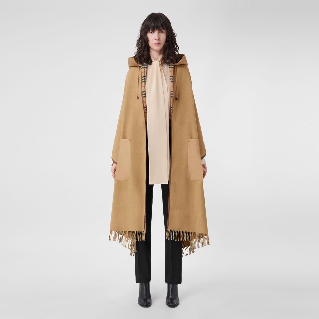 Contrast Panel Cashmere Wool Hooded Cape - 1