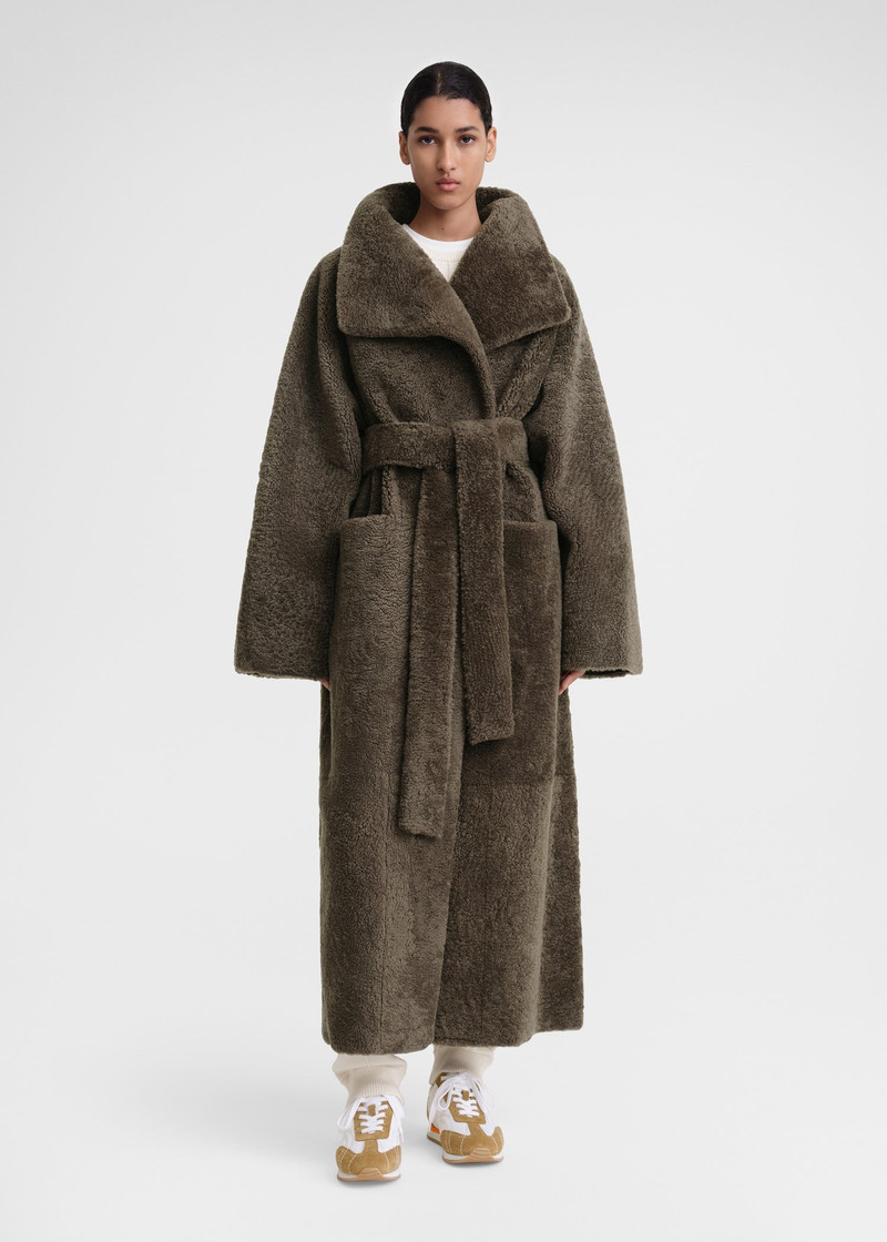 Totême Belted teddy shearling coat cement green outlook