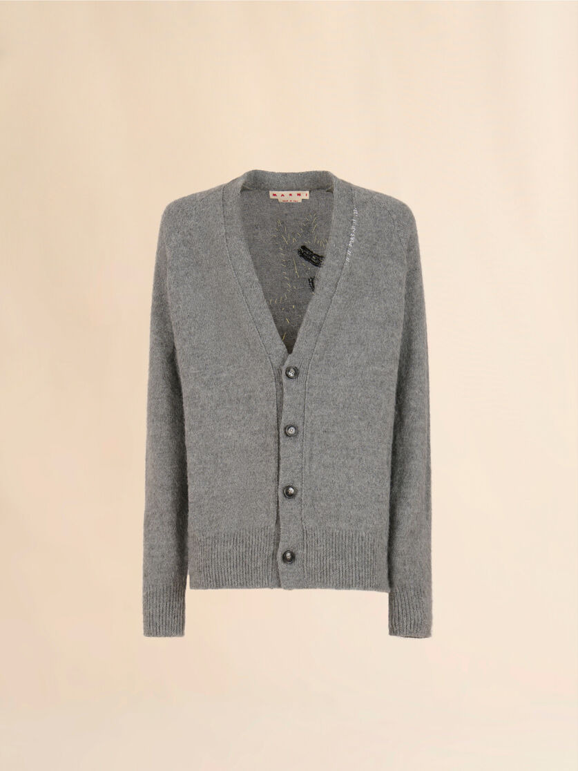 GRAY WOOL ALPACA CARDIGAN WITH WOLF PATCH - 1