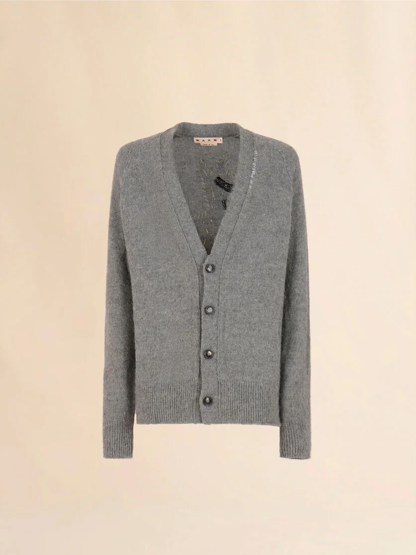 GRAY WOOL ALPACA CARDIGAN WITH WOLF PATCH - 1