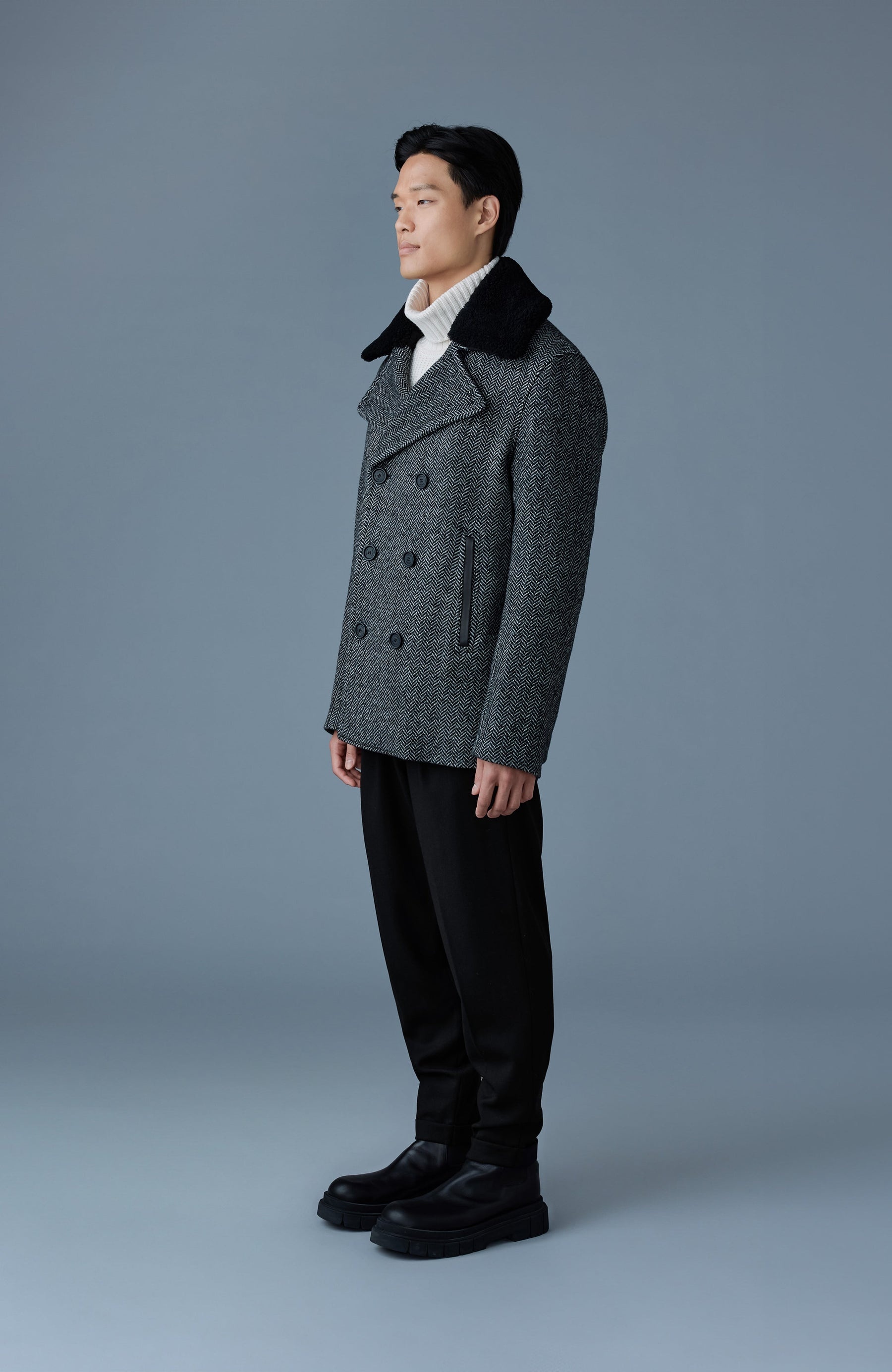 COLE-HB Wool Herringbone jacket with shearling collar - 4